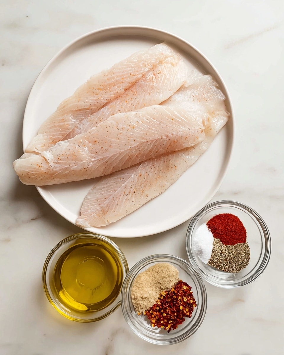 The image shows two raw fish fillets with a pale pinkish-beige color and slight texture placed next to each other on a white round plate at the top center of a white marbled surface. Below the plate, there is a small clear glass bowl filled with golden yellow olive oil. To the right of the olive oil, there is another clear glass bowl holding five different spices separated in small sections: red paprika, light beige ground ginger, white salt, black pepper, and red chili flakes. The setup is simple and clean with soft natural lighting. Photo taken with an iphone --ar 4:5 --v 7