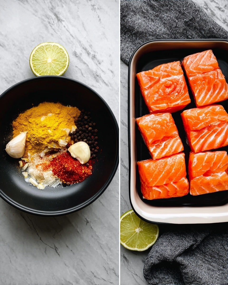 The image shows two parts side by side on a white marbled surface. On the left, a black bowl holds a mix of bright spices and ingredients: a yellow turmeric powder, red paprika, a dollop of crushed garlic, black peppercorns, and a small heap of salt, with a squeezed lime half and a fresh lime slice beside the bowl. On the right, a white square dish contains six thick pieces of raw salmon, each with a rich orange color and white fat lines, placed neatly in two rows. A gray cloth is partially visible beside the dishes. Photo taken with an iphone --ar 4:5 --v 7
