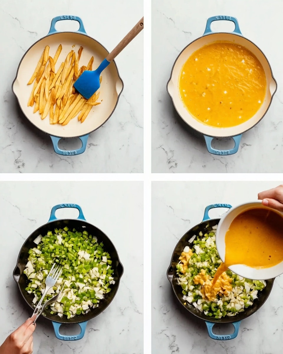 The image shows four stages of cooking displayed in a grid on a white marbled surface. In the top left, a white skillet with blue handles holds light golden strips being moved with a blue spatula. In the top right, a white bowl contains a smooth, orange-yellow mixture being stirred by a woman's hand holding a fork. The bottom left shows the skillet filled with chopped green peppers and small white chunks being cooked. The bottom right shows the skillet again, now filled with the green peppers, white chunks, and the orange-yellow mixture being poured in from a white bowl held by a woman's hand. Photo taken with an iphone --ar 4:5 --v 7
