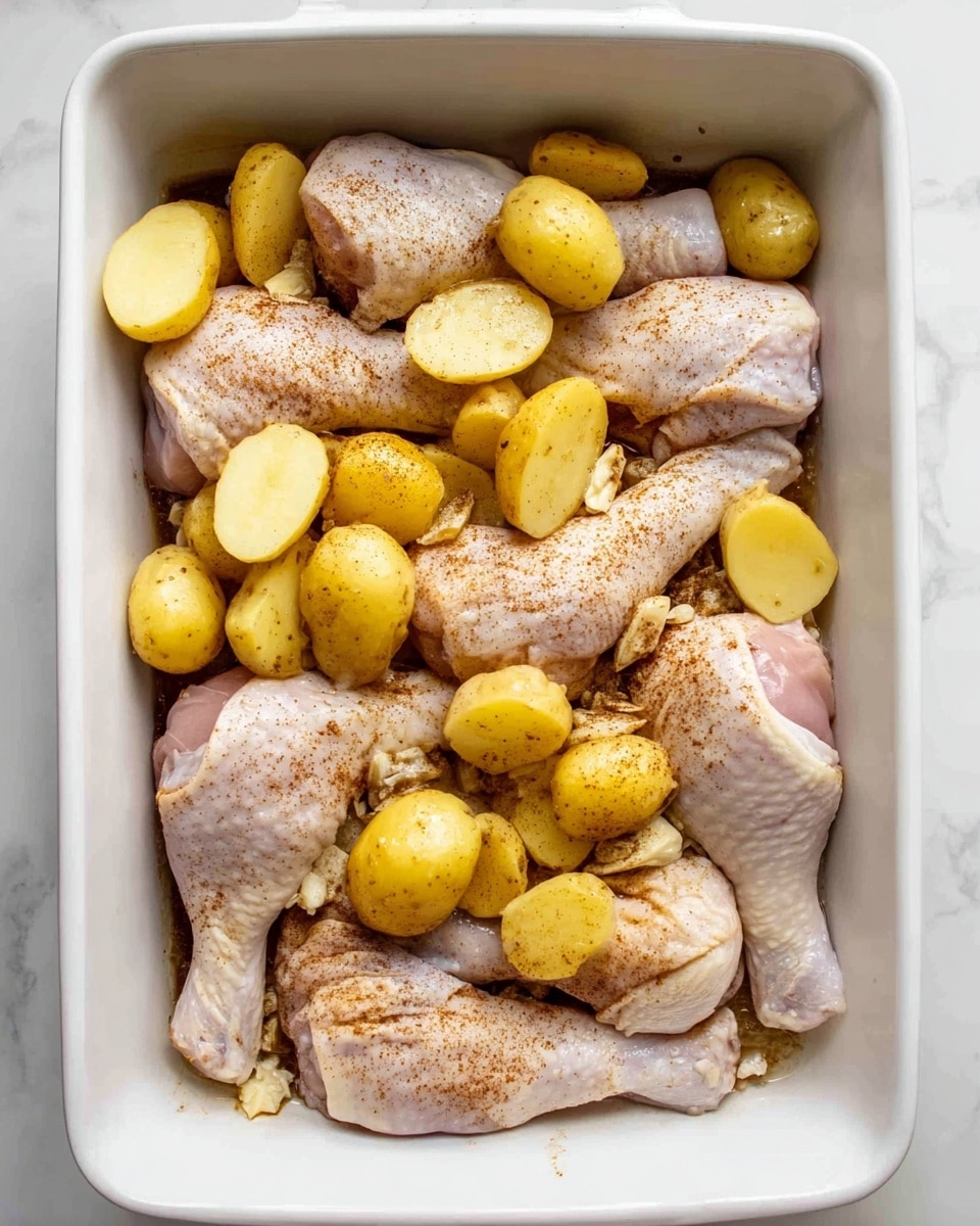 A white rectangular dish holds several uncooked chicken drumsticks and thighs arranged evenly at the bottom. On top of the chicken pieces, there are many small, yellow potatoes, some whole and some cut in half, placed randomly. The chicken has a light seasoning of brown spices and some small bits of minced garlic scattered over. The dish rests on a white marbled surface. photo taken with an iphone --ar 4:5 --v 7