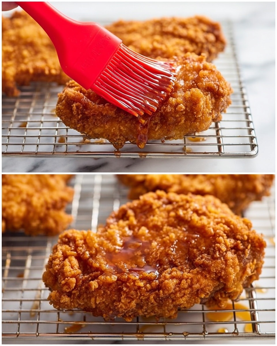 The image shows two close-up views of a golden brown, crispy fried chicken piece resting on a metal cooling rack over a white marbled surface. The chicken has a rough, crunchy texture with uneven, craggy breading covering its surface. In the left view, a woman's hand holds a red silicone brush applying a shiny, amber syrup coating on the top of the chicken, which enhances its glossy appearance. The chicken pieces are thick and coated evenly with the crispy crust, with small drops of syrup dripping slightly onto the rack below. photo taken with an iphone --ar 4:5 --v 7