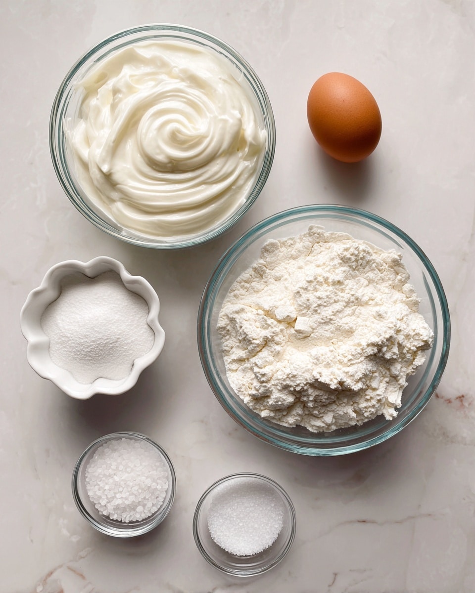 The image shows six ingredients arranged on a white marbled surface: a clear glass bowl on the right filled with a heap of white flour with a crumbly texture; above it, a clear glass measuring cup holds thick, creamy plain Greek yogurt with smooth swirls on top; to the top right, a single brown egg sits in a white ruffled ceramic cup; to the left of the flour bowl, a small white bowl contains white baking powder with a powdery texture; below that, a small clear glass bowl holds coarse white salt crystals; and next to it, another similar bowl contains fine white sugar granules. Each ingredient is neatly separated and clearly visible. photo taken with an iphone --ar 4:5 --v 7