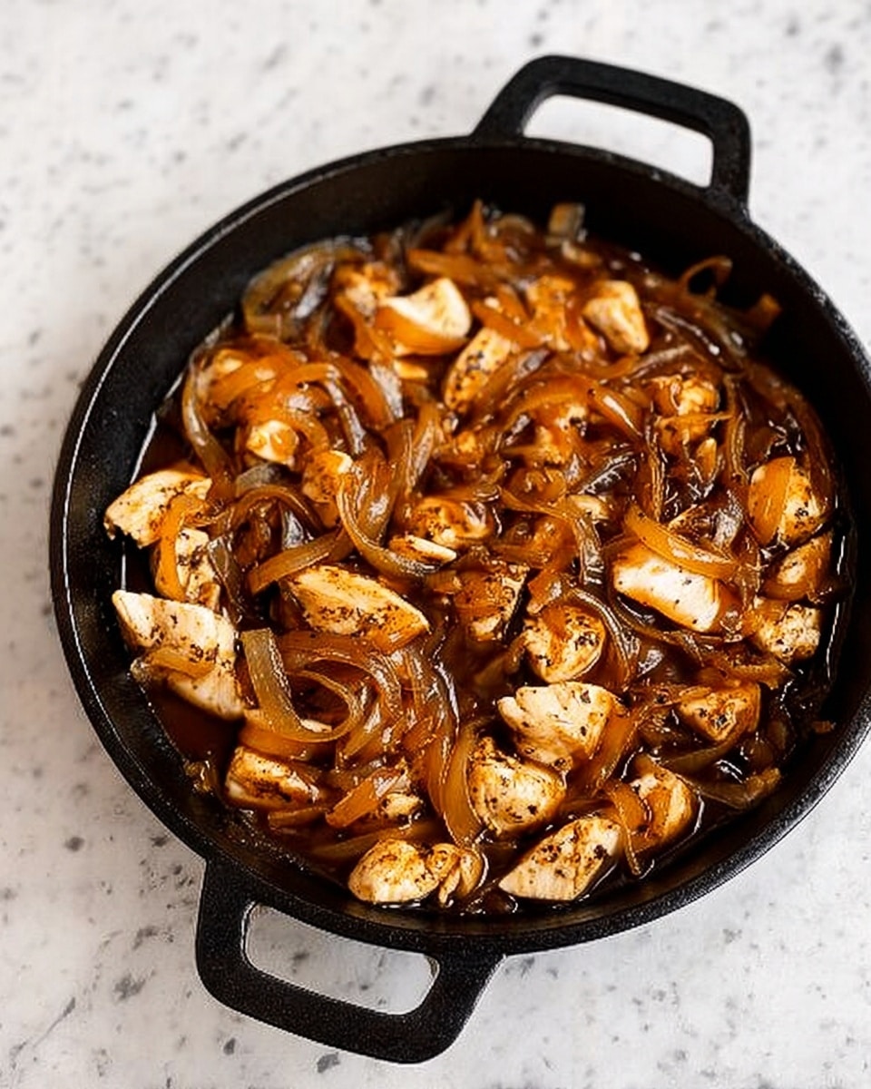 A black cast iron skillet filled with a one-layer dish of cooked chicken pieces and thin caramelized onions in a rich, brown sauce. The chicken pieces are light golden with visible pepper seasoning, mingled evenly with the soft, translucent brown onions spread throughout. The skillet sits on a white marbled surface, adding contrast to the warm colors of the dish. Photo taken with an iphone --ar 4:5 --v 7