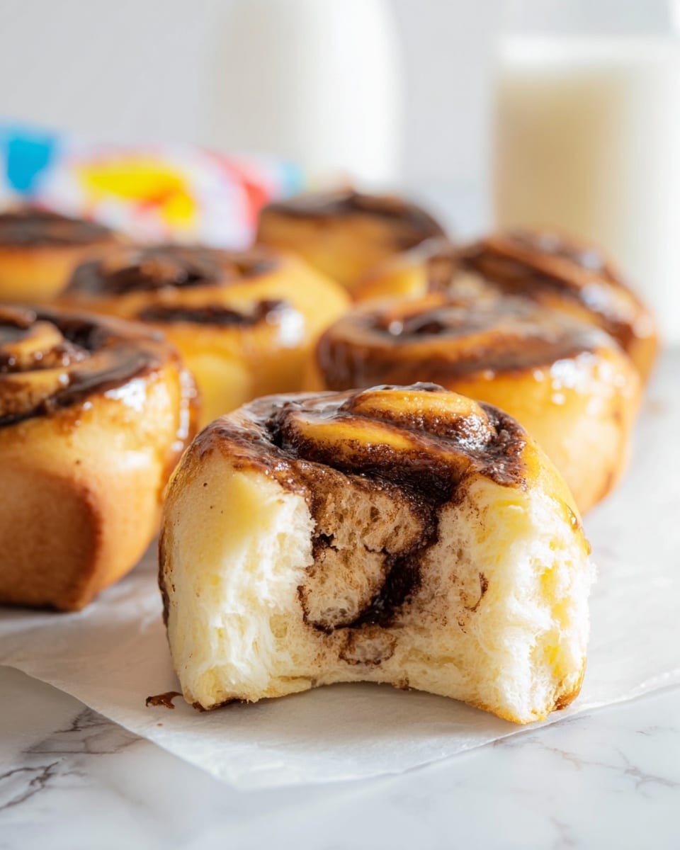 The image shows three stages of making a dessert in a clear glass square baking dish set on a white marbled surface. In the first stage, six square pieces of soft bread with round hollow centers are arranged in two columns of three. In the second stage, each hollow center is filled with a pale yellow cream or custard that is smooth and slightly rounded on top. In the final stage, the bread pieces have turned golden brown with darker brown swirls and spots on the top, surrounding the creamy center, giving a baked, slightly toasted look. The dish and the white marbled surface create a clean and simple background. photo taken with an iphone --ar 4:5 --v 7
