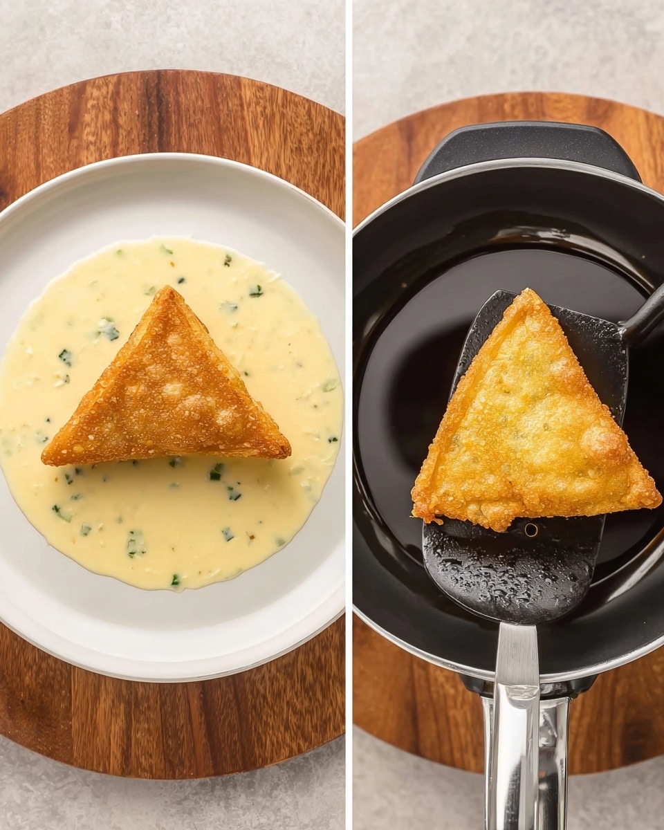 The image shows two views of a triangle-shaped snack. On the left, the snack is uncooked, placed flat in the center of a white plate, and filled with a creamy light yellow mixture with small green bits inside. On the right, the snack is golden brown and crispy, held above a black pot of dark oil by a black spatula with a silver handle. Both pictures have a wooden surface underneath, but according to instructions, this should be imagined as a white marbled texture. Photo taken with an iphone --ar 4:5 --v 7
