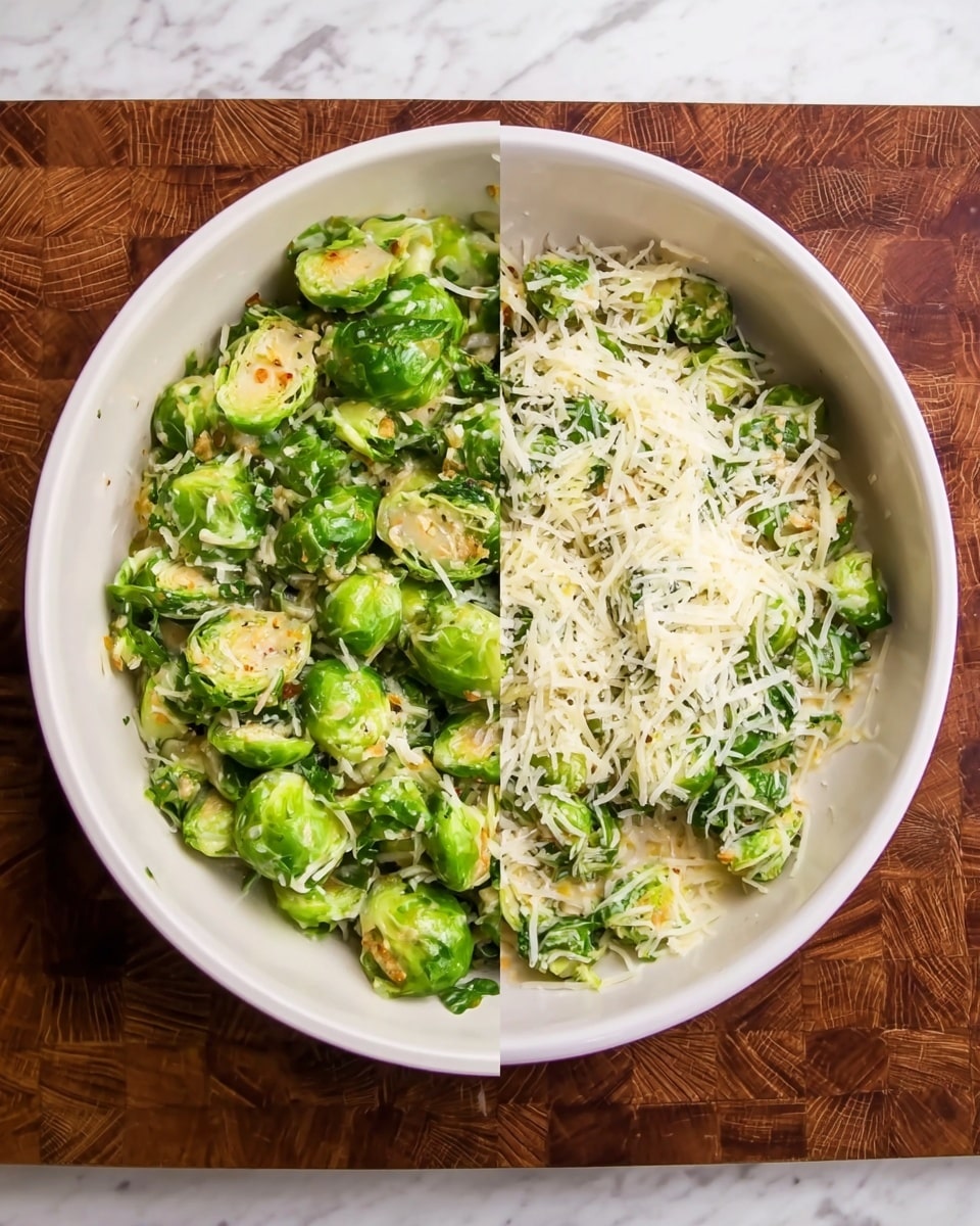 The image shows a round white bowl filled with cooked Brussels sprouts covered in melted shredded cheese. The Brussels sprouts are bright green with some light golden spots and are mixed well into the thin layer of white melted cheese on top. The bowl is placed on a wooden chopping board with a detailed pattern visible underneath. The whole scene is set on a white marbled surface. photo taken with an iphone --ar 4:5 --v 7
