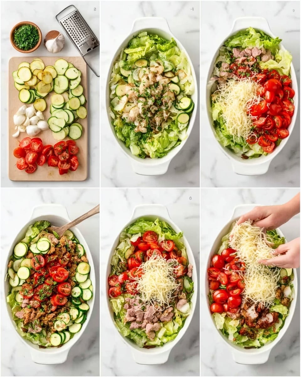 The image shows six steps of making a layered salad in a white oval dish on a white marbled surface. In the first step, uncooked zucchini slices, cherry tomatoes, chopped cooked meat pieces, garlic, chopped herbs, and shredded cheese are arranged on a wooden chopping board with a grater. The second step shows a base of green lettuce leaves spread evenly in the white oval dish, topped with sliced cooked meat and halved cherry tomatoes. The third step adds grated cheese sprinkled over the meat and tomatoes. The fourth step has a woman's hand placing grated cheese over a mix of lettuce, meat, zucchini slices, and tomatoes. The fifth step shows the salad with an even layer of zucchini slices and cherry tomatoes added on top of the lettuce and meat. In the final step, the salad is fully covered with shredded cheese and herbs, ready to serve. Photo taken with an iphone --ar 4:5 --v 7