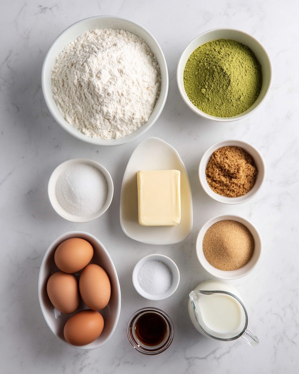 The image shows ten small white bowls and three brown eggs placed on a white marbled surface. Starting from the top left, there is a large bowl filled with white flour, next to it on the right is a smaller bowl containing green matcha powder. Below the flour bowl is a white oval dish holding a block of pale yellow butter. To the right of the butter are two round white bowls, one with brown sugar and the other with light brown crumbly sugar. Below these are three whole brown eggs in a triangle shape. Below the green sugar bowl is a small white bowl with white salt, next to it on the left is a tiny bowl with vanilla extract, and on the right side is a small glass pitcher with white milk. The items are neatly arranged and clearly visible against the clean white marbled background photo taken with an iphone --ar 4:5 --v 7