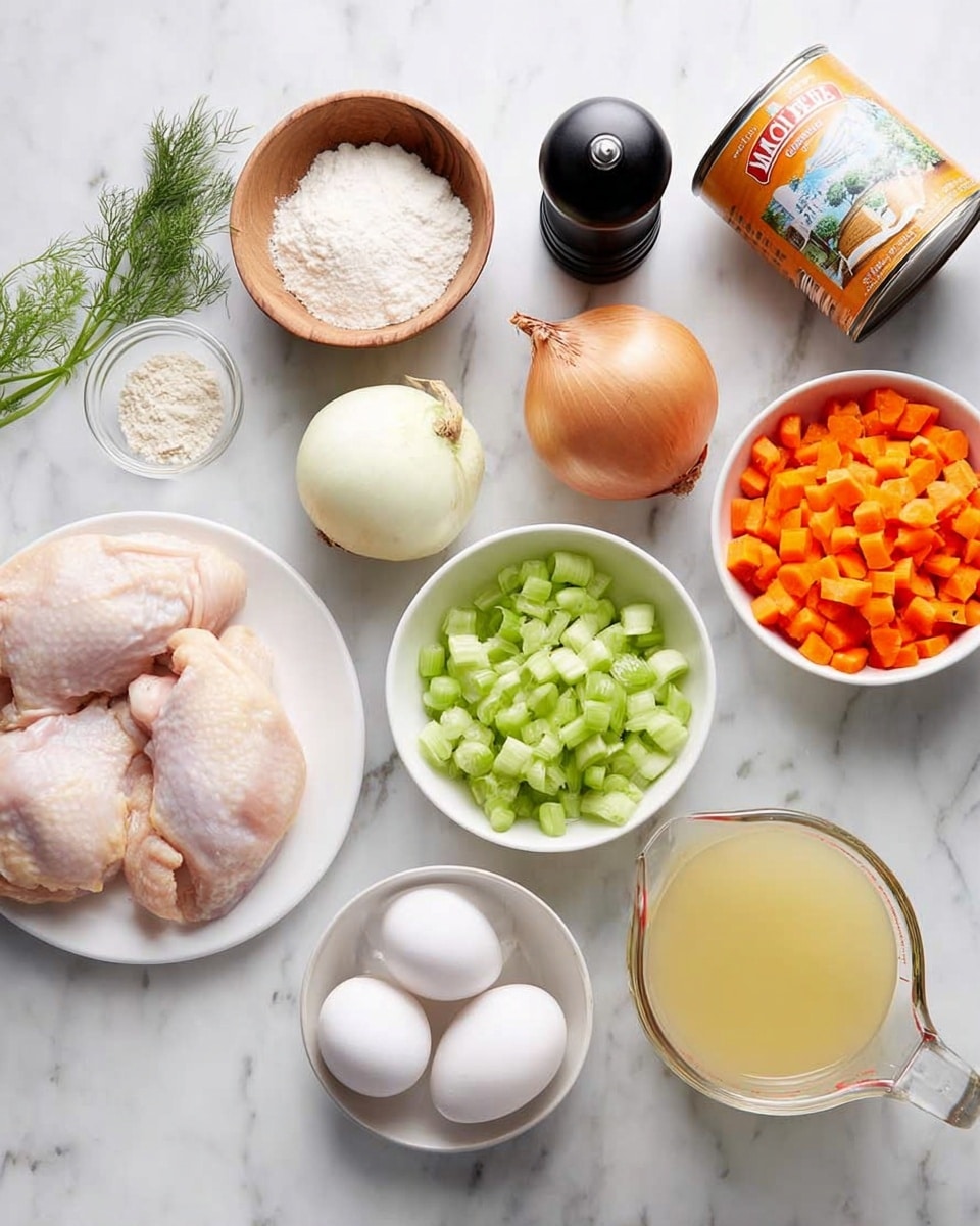 The image shows raw ingredients for cooking laid out on a white marbled surface. There are two pieces of light pink raw chicken on a white plate at the bottom left. Above the chicken is a small wooden bowl with white salt, and a clear small glass bowl with white powder, likely flour. To the right of these are a whole brown onion, a bulb of white garlic, and a small bunch of green dill. A black pepper grinder is placed near the onion. On the top right, a white bowl holds bright orange chopped carrots, and beside it is a smaller white bowl filled with diced green celery. There are three white eggs placed near the bowls. Towards the bottom right, there is a clear glass measuring cup filled with pale yellow liquid, likely broth. A can of orange-labeled matzo meal leans to the side beside the measuring cup. Photo taken with an iphone --ar 4:5 --v 7