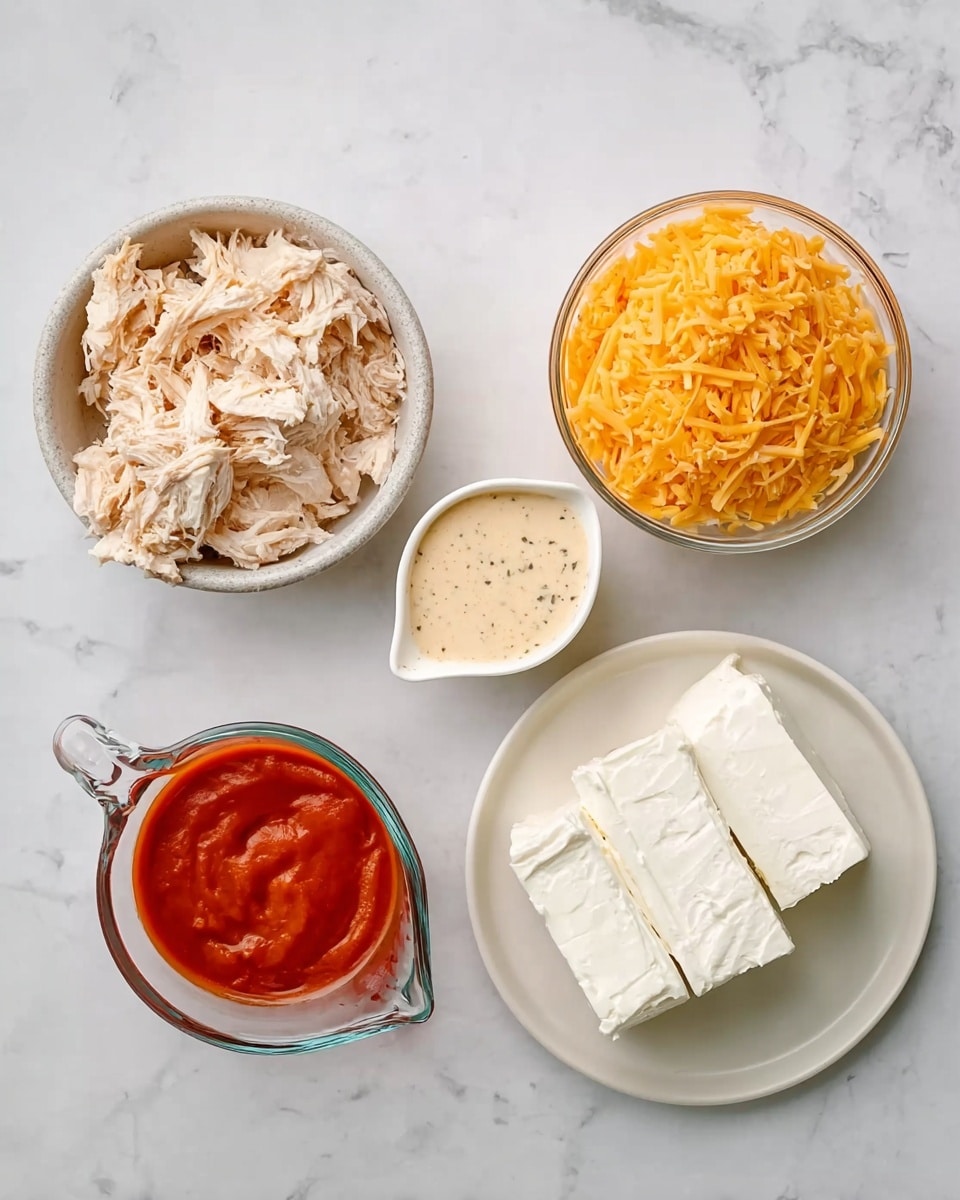 The image shows five small bowls and a white plate arranged on a white marbled surface. The top left bowl contains shredded, pale beige cooked chicken. The top right bowl is filled with bright orange shredded cheddar cheese. The top right measuring cup holds a creamy, light beige sauce with herbs. Below on the left, a measuring cup contains a smooth, red sauce. In the center bottom, a white plate carries two blocks of soft white cream cheese, one slightly sliced. photo taken with an iphone --ar 4:5 --v 7