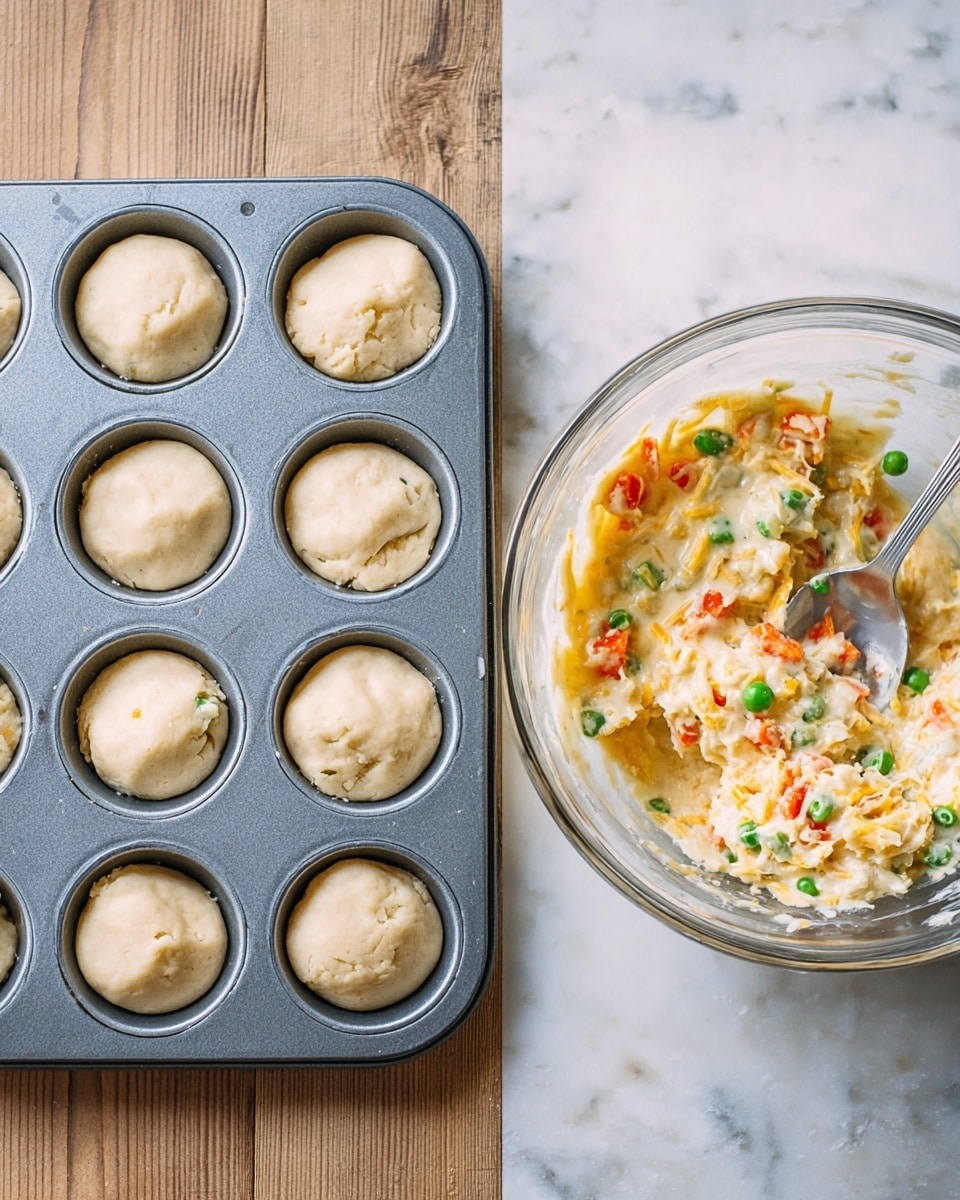 The image shows two side-by-side close-up views of food preparation on a white marbled surface. On the left, there is a metal muffin tin with twelve round dough pieces shaped like small discs, placed inside each cup except for two which are empty. The dough is pale beige and smooth. On the right, there is a clear glass bowl filled with a creamy, thick mixture with visible small chunks of orange carrots, green peas, and shredded light yellow cheese, stirred with a metal spoon. The colors are bright and the textures creamy and chunky. photo taken with an iphone --ar 4:5 --v 7