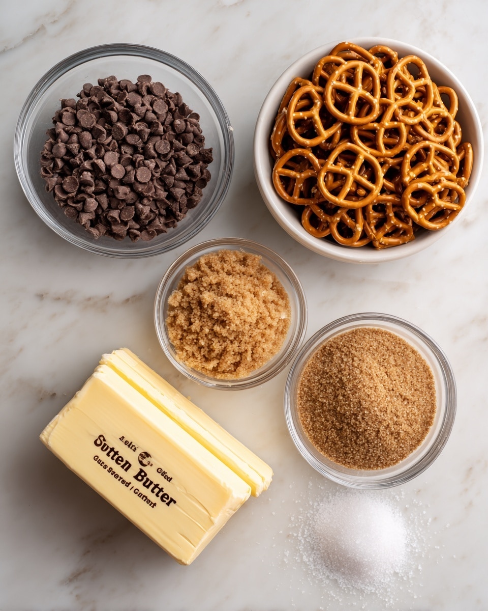 The image shows four ingredients placed separately on a white marbled surface arranged in a loose square shape. At the top right, there is a white bowl filled with small, golden-brown pretzels. To the left of it, a clear glass bowl holds a mound of small, dark brown chocolate chips. Below the pretzels, another clear glass bowl contains light brown, crumbly brown sugar. At the bottom left, there are two pale yellow sticks of butter, stacked one slightly over the other, each wrapped with a label marked