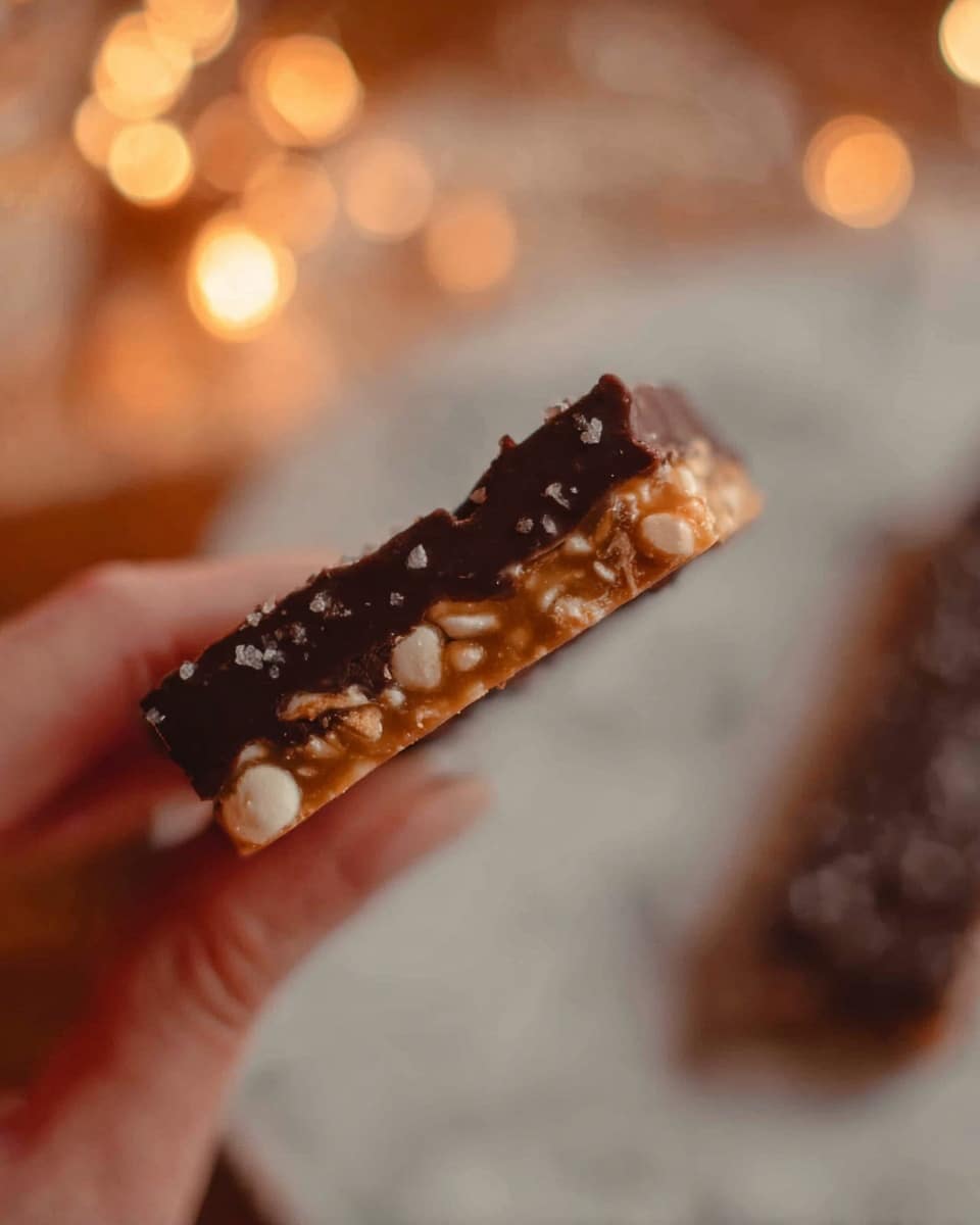 A close-up of a woman's hand holding a rectangular snack bar with two visible layers: the bottom layer is light golden brown with small round white crunchy bits embedded, and the top layer is a thick dark chocolate coating with a glossy texture sprinkled lightly with salt. The background shows soft warm bokeh lights and a blurred white marbled surface. photo taken with an iphone --ar 4:5 --v 7