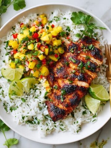 Cilantro Lime Chicken with Mango-Avocado Salsa and Cilantro-Lime Rice Recipe