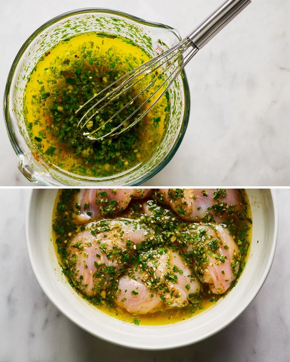 A clear glass measuring cup holds a bright green marinade made with chopped herbs floating in a yellowish oily liquid, with a metal whisk resting inside, showing a slightly textured surface of mixed ingredients. Next to it, a white bowl contains several raw chicken pieces submerged in the same green herb marinade, with visible herbs sprinkled evenly over the chicken, resting on a white marbled surface. photo taken with an iphone --ar 4:5 --v 7
