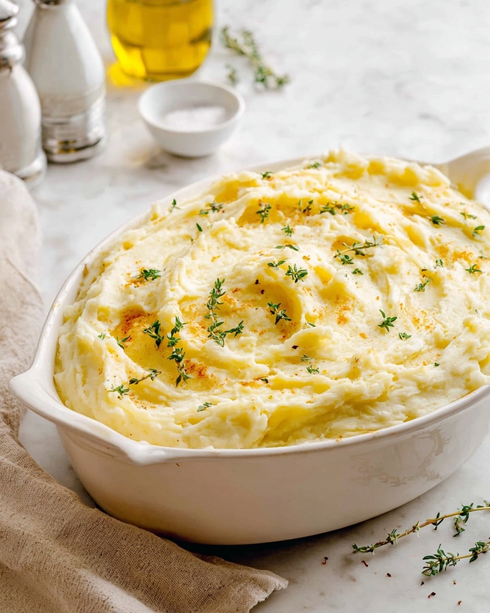 A white oval dish filled with a thick, creamy layer of mashed potatoes, slightly golden on top with soft peaks and small browned edges. The surface has scattered fresh green thyme leaves for a touch of color and texture. The dish sits on a white marbled surface with a light beige cloth nearby and a salt shaker, olive oil bottle, and a small glass in the background. The overall look is warm and inviting, with a smooth, fluffy texture on top. photo taken with an iphone --ar 4:5 --v 7