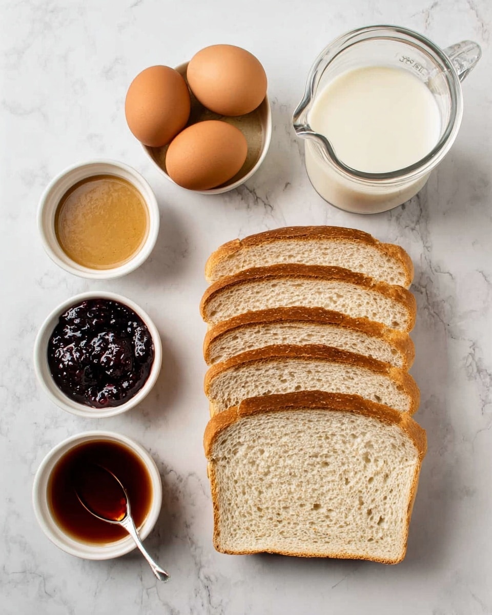 The image shows six slices of light brown bread with a slightly crusty edge placed in a neat stacked line on the right side of a white marbled surface. Next to the bread on the left are six small white bowls and a transparent glass pitcher. The bowls contain different ingredients: one has three brown eggs, one has dark red or blackish berry jam, one has a smooth light brown sauce, one has a dark brown liquid, and another has a small amount of clear amber liquid. The glass pitcher is filled with a white liquid, likely milk. All items are arranged in an organized way on the white marbled background. photo taken with an iphone --ar 4:5 --v 7
