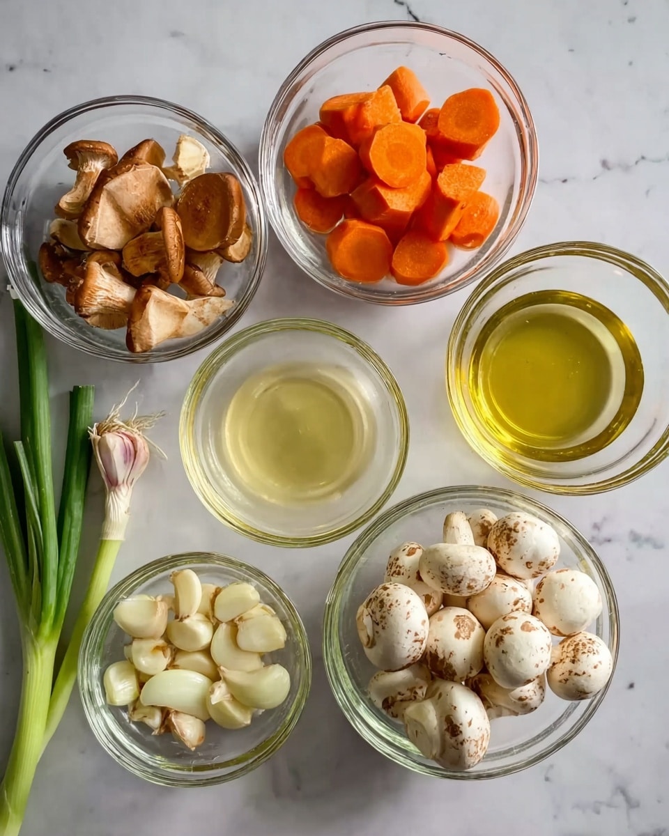 The image shows six small glass bowls arranged on a white marbled surface. The top left bowl contains uneven pieces of brown mushrooms, next to it on the right is a bowl of round carrot slices with bright orange color. Below the mushrooms is a slightly bigger bowl filled with light yellow liquid, to the right of it is a bowl with a clear, pale yellow liquid. On the bottom right is a bowl filled with whole white mushrooms having brown spots, and next to it on the left is a bowl of peeled small garlic cloves with a light purple tinge. There are also two green onions lying diagonally on the left edge of the frame. Photo taken with an iphone --ar 4:5 --v 7