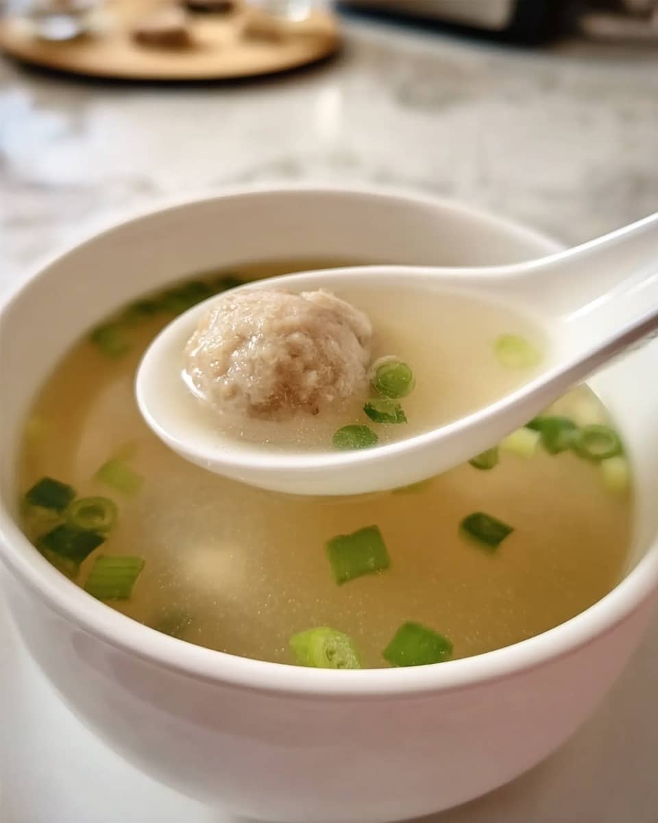 A white spoon is held over a white bowl filled with clear light broth, showing one light brown meatball in the spoon surrounded by floating small pieces of chopped green onion. The broth is smooth and translucent, and the background shows a white marbled surface with blurred kitchen items. Photo taken with an iphone --ar 4:5 --v 7