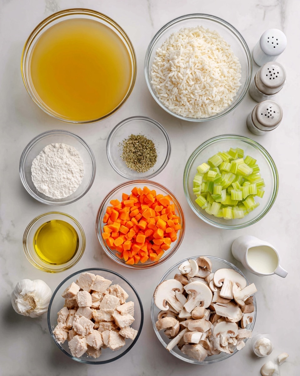 A flat lay image showing several clear glass bowls arranged on a white marbled texture. The largest bowl in the top left contains golden yellow chicken stock. To its right, a smaller bowl holds white uncooked rice. Below the rice, a medium bowl is filled with pale brown and white sliced mushrooms. A small bowl with light green chopped celery sits next to the mushrooms, and to the left of the celery is a small bowl of clear yellow olive oil. Near the bottom center, there is a bowl of bright orange chopped carrots mixed with white garlic and onion pieces. Next to this, a bowl of cubed, pale cooked turkey is placed. A small bowl of white cornstarch and a tiny bowl of green Italian seasoning are near the bottom left. A small white cup of whole milk is on the left side near the carrots. Two white shakers and a whole garlic bulb are in the upper right area. All bowls are clear glass, and the setting is bright with a clean white marbled background. Photo taken with an iphone --ar 4:5 --v 7