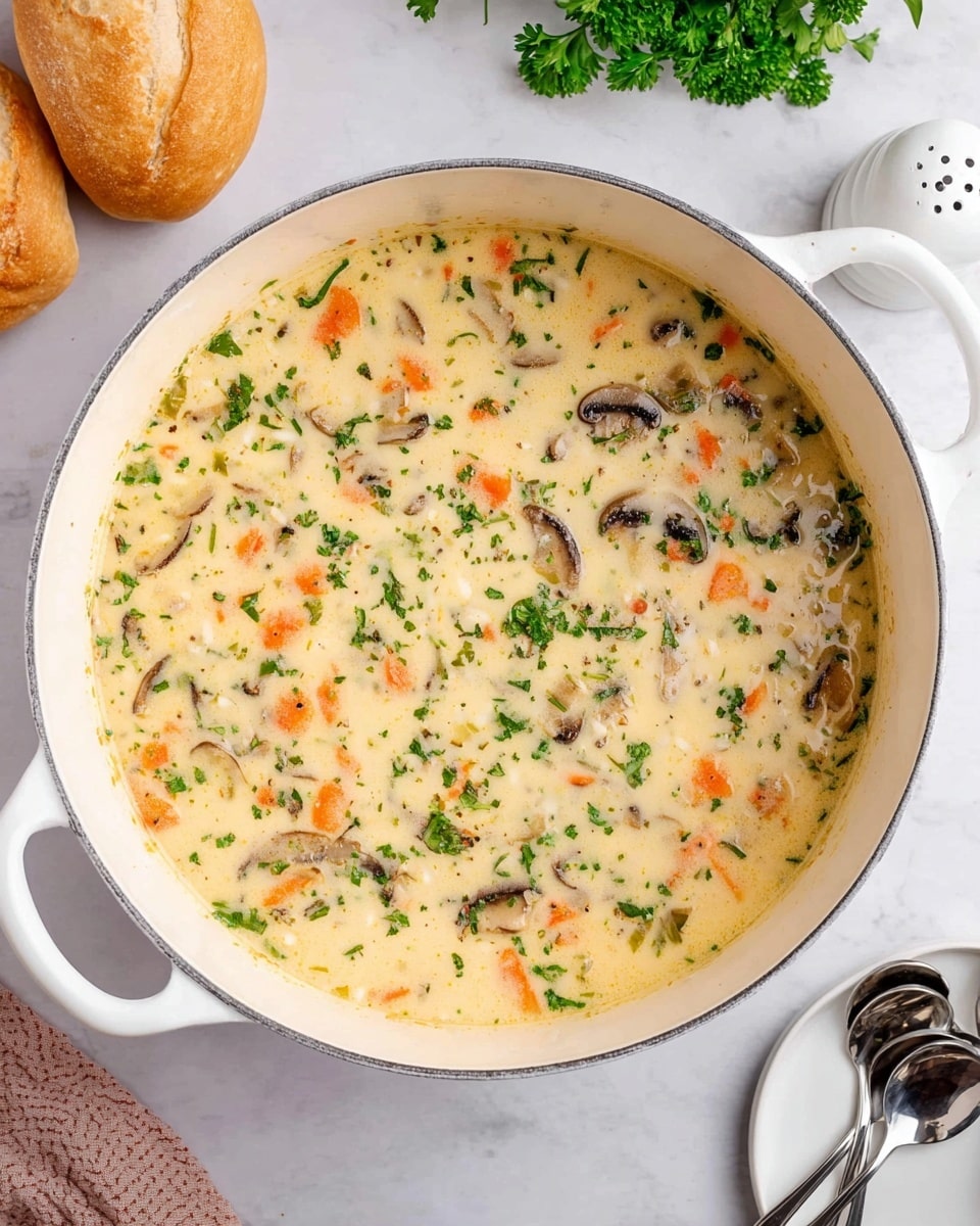 A white pot filled with creamy soup that has a pale yellow base. Inside the soup, there are small pieces of orange carrots, light brown mushroom slices, and pale green herbs scattered throughout. Fresh green parsley leaves are sprinkled on top as garnish. The pot is placed on a white marbled surface with two small bread rolls to the left and a white plate with silver spoons to the bottom right. A white pepper shaker and fresh green parsley are visible in the background photo taken with an iphone --ar 4:5 --v 7
