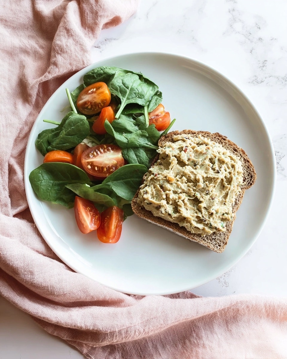 A white plate on a white marbled surface holds a simple meal with two main parts. On the right side is a single slice of brown bread topped with a thick, creamy spread that has beige and light green specks, textured gently on top. On the left side of the plate lies a small salad made of fresh dark green spinach leaves, bright orange carrot pieces, and small red grape tomatoes, some cut in half to show their juicy inside. A soft pink cloth napkin is placed next to the plate. photo taken with an iphone --ar 4:5 --v 7