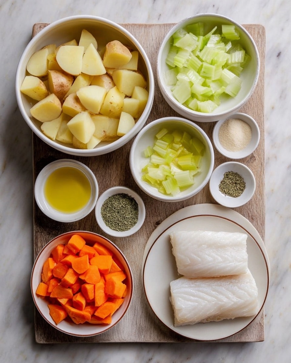 The image shows a wooden board with several white bowls and small dishes arranged neatly on a white marbled surface. There is one large white bowl at the top filled with chunks of light yellow potatoes with skin. Below it, another large white bowl contains chopped pale green celery. On the bottom left, a smaller white bowl holds sliced bright orange carrots. A white plate on the bottom right holds two large pieces of white fish fillets with a smooth, slightly shiny texture. Around the bowls and plate, there are five small bowls or dishes containing light yellow oil, clear liquid, light beige powder, and green dried herbs, arranged carefully. The overall look is clean and organized with fresh ingredients spread out for cooking. photo taken with an iphone --ar 4:5 --v 7