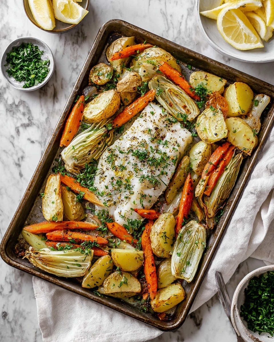A sheet pan filled with a meal showing one thick white fish fillet in the center, cooked and seasoned with herbs and black pepper, surrounded by layers of roasted vegetables: light yellow potato wedges with a slightly crispy skin, orange carrot pieces roasted to a tender texture, and pale green fennel wedges with charred edges. The fish and vegetables are sprinkled with fresh chopped green herbs. The pan is on a white marbled surface with a small bowl of green herbs and a white bowl holding lemon wedges nearby. A white cloth napkin is partially visible under the pan. photo taken with an iphone --ar 4:5 --v 7