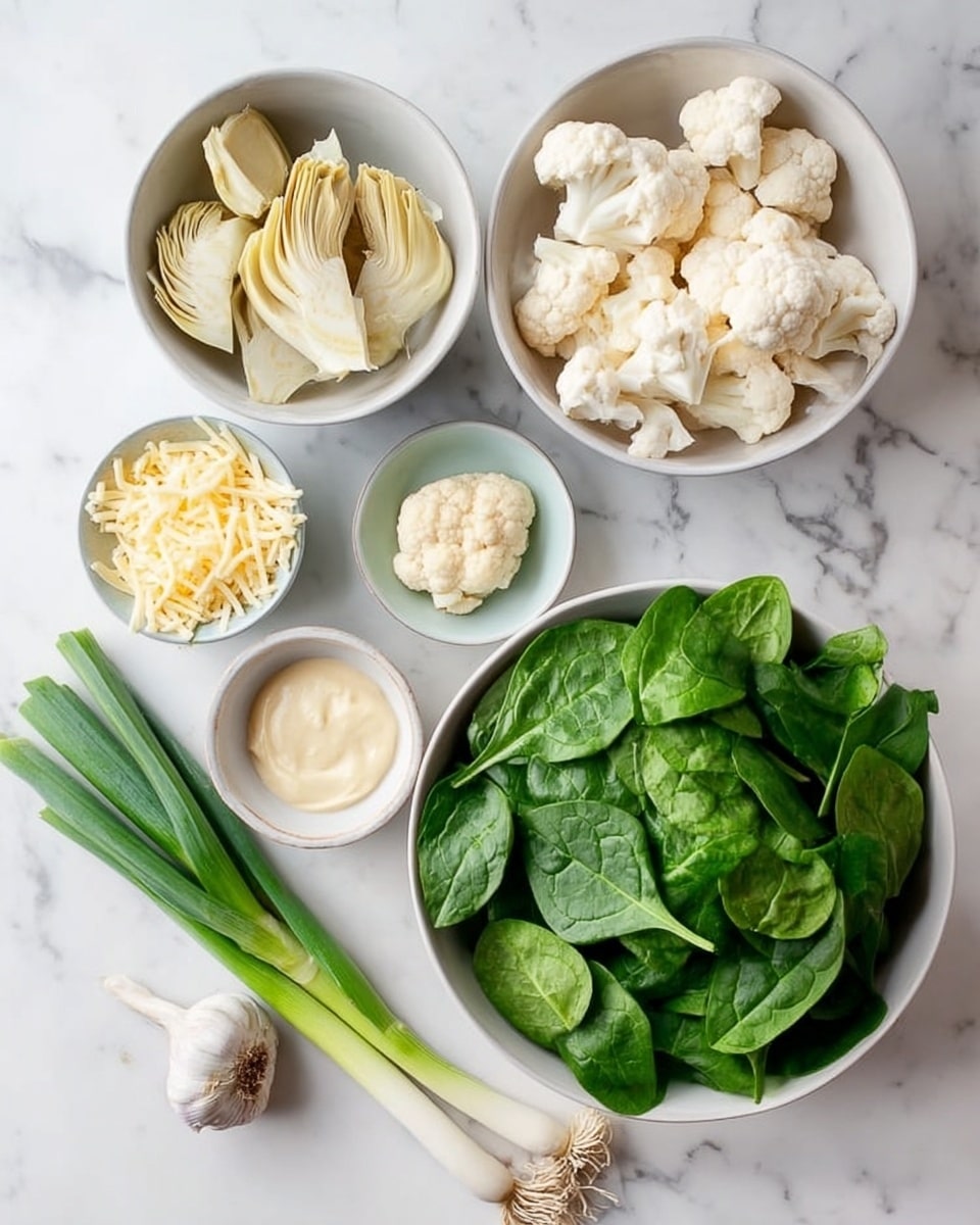 The image shows fresh ingredients placed on a white marbled surface with six white bowls and a bundle of green onions. In the largest bowl to the right, there is a pile of fresh green spinach leaves with a smooth, slightly shiny texture and visible veins. Above it, a medium bowl holds white cauliflower pieces that look soft and fluffy. To the left, another medium bowl contains pale yellow artichoke hearts that appear tender and slightly wet. Below that, a small bowl is filled with shredded light yellow cheese that has a fine texture. Next to the cauliflower bowl, two small bowls contain a pale yellow mound of ginger and a creamy white sauce, both smooth in texture. On the far left, four green onions with white roots and long green stalks lie flat on the surface. Two garlic cloves are placed near the ginger bowl. The scene is bright and clean, with natural light highlighting the fresh ingredients. Photo taken with an iphone --ar 4:5 --v 7
