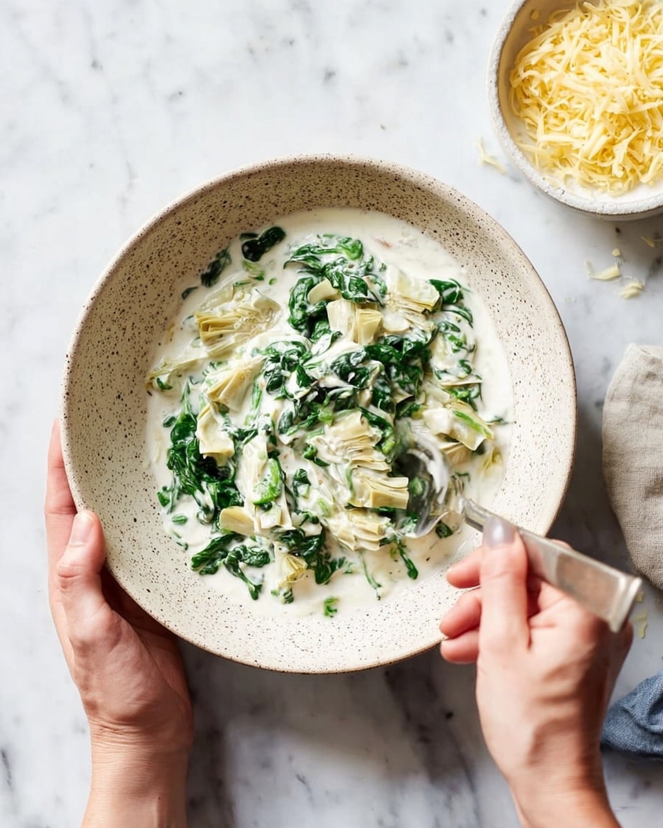 A white bowl with speckled texture contains a creamy white sauce mixed with green spinach leaves and small pieces of pale artichoke hearts. The creamy sauce is thick and swirled around the green and pale ingredients, creating a soft, mixed texture. A woman's hand is holding the bowl steady from the left side, while another woman's hand stirs the mixture with a spoon from the right. The bowl is placed on a white marbled surface. Nearby, on the right side, there is a small white bowl filled with shredded yellow cheese. Photo taken with an iphone --ar 4:5 --v 7