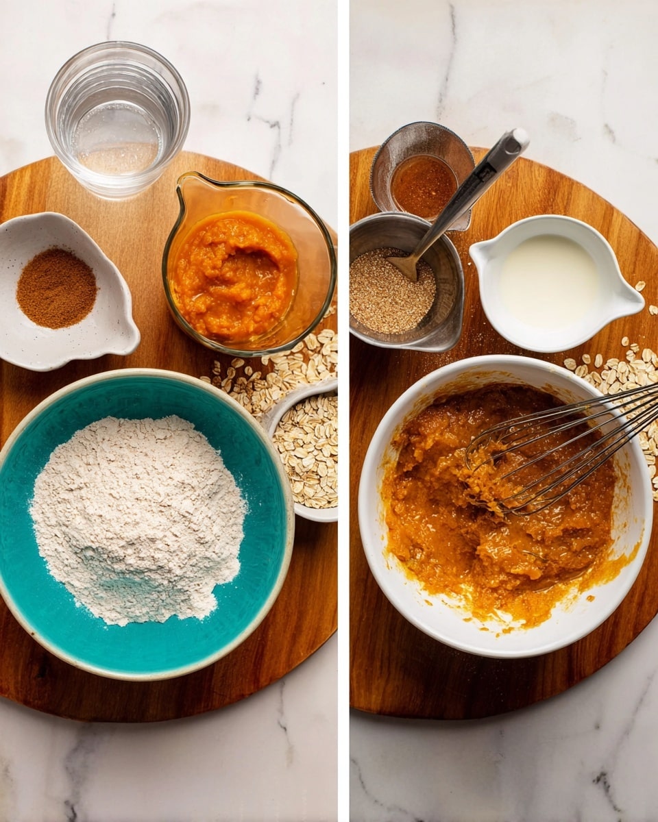The image shows two scenes side by side on a white marbled surface. On the left side, there is a round wooden board with several ingredients arranged on it: a white bowl with a turquoise inside full of flour in the center, a metal measuring cup with orange pumpkin puree below it, a metal measuring cup with rolled oats to the right of the puree, a small turquoise jug with maple syrup on the top left, a small white cup with brown spice on the bottom right, and two glass containers, one with water at the top left corner and another with milk at the top right corner. On the right side, there is a white bowl containing a mixture of orange pumpkin puree, brown sugar, cinnamon, and vanilla with a metal whisk resting inside, all on the same white marbled surface photo taken with an iphone --ar 4:5 --v 7