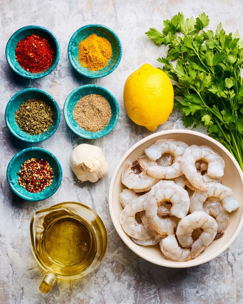 A flat lay of cooking ingredients on a white marbled surface, showing a white bowl filled with raw peeled shrimp with tails on, arranged in a layered circular pattern on the right side. Above the bowl is a whole bright yellow lemon, and to the left are six small bowls in two rows containing spices and garlic: the top row has red paprika powder, two garlic cloves, and yellow curry powder; the bottom row has salt and pepper mix, green oregano flakes, and red chili flakes. Below the bowls is a glass jug of olive oil with a golden color, and to its right is a bunch of fresh green parsley with leafy texture. photo taken with an iphone --ar 4:5 --v 7