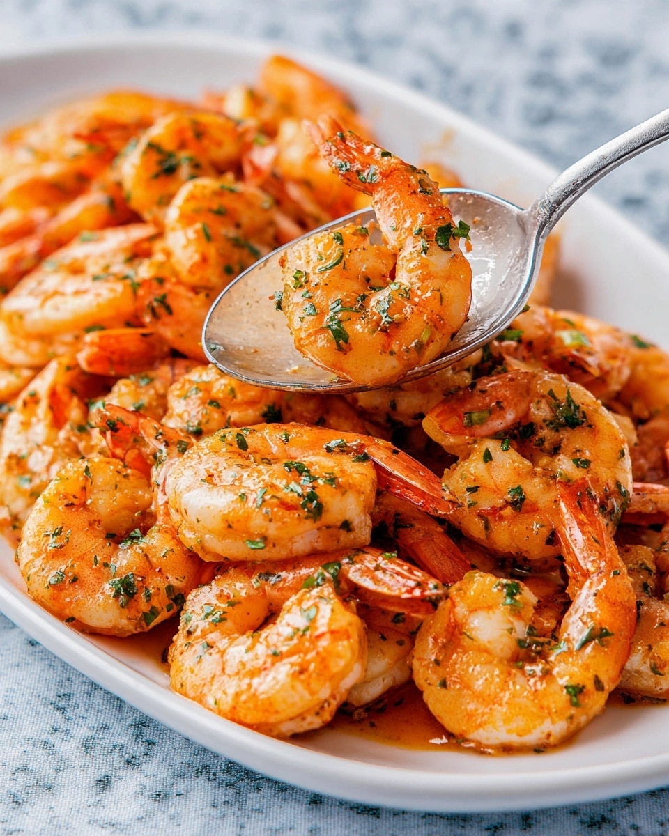 A close-up of a white oval plate full of cooked shrimp, each shrimp bright orange with a slight shine from oil or butter, covered with small bits of green herbs spread evenly on them. The shrimp are piled on each other in a loose mound, showing some with tails and others curled in a crescent shape. A silver spoon is gently lifting a shrimp from the pile, giving the image a sense of motion, with the backdrop changed to a white marbled texture. The overall look is warm and fresh, with the shrimp glistening and the small chopped herbs adding texture and color contrast photo taken with an iphone --ar 4:5 --v 7
