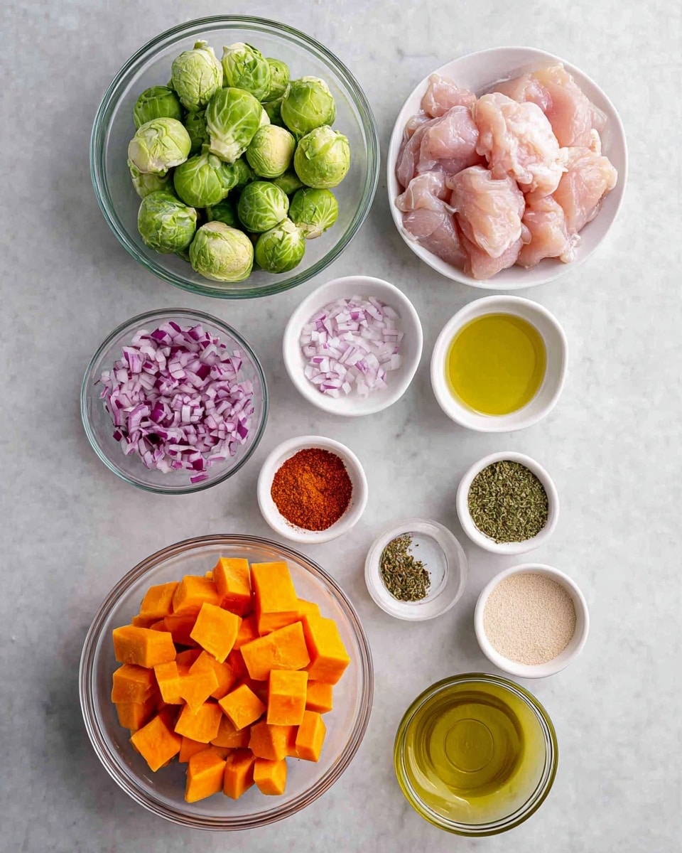 The image shows an overhead view of several clear glass and white bowls arranged neatly on a white marbled surface. In the center, there are two medium clear glass bowls, one filled with small whole green Brussels sprouts and the other with raw pink chicken pieces. Below the Brussels sprouts is a clear bowl containing bright orange chunks of sweet potato. Around these larger bowls are smaller white bowls, each containing different spices or ingredients: one with chopped purple red onions, one with coarse white salt, one with black pepper, one with a reddish spice powder, one with green dried herbs, one with a light beige powder, and one with olive oil in a clear glass bowl. The colors are vibrant and the arrangement is orderly, showing fresh ingredients ready for cooking. photo taken with an iphone --ar 4:5 --v 7