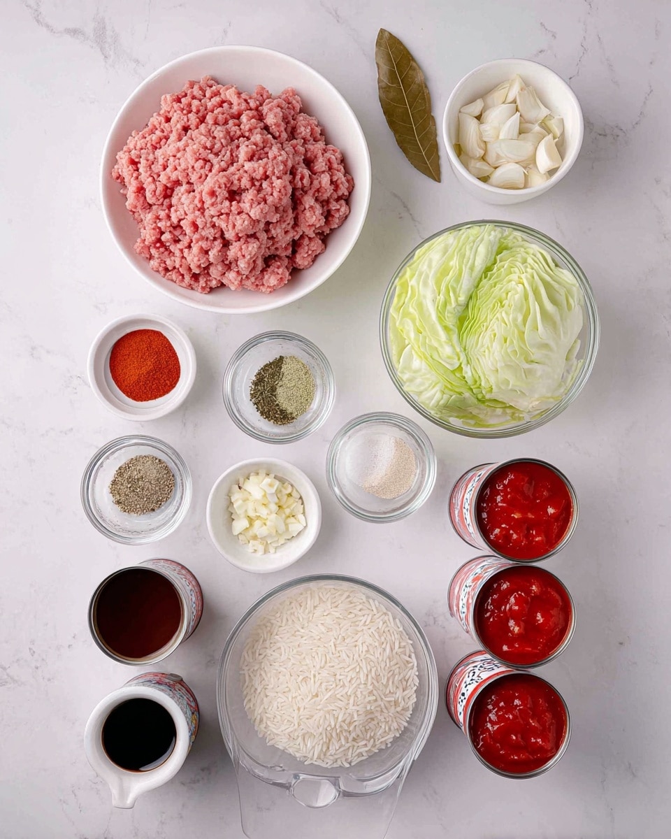 The image shows a collection of cooking ingredients neatly arranged on a white marbled surface. In the center, there is a white bowl filled with pink ground meat. Above it, a clear glass bowl holds chopped light green cabbage leaves. Surrounding these are small white bowls with minced garlic, salt and black pepper mix, and chopped white onions, as well as two small clear bowls with dried herbs and another with red paprika powder. There are two small glass bowls containing dark liquids, one positioned near the bottom left and the other closer to the middle on the left side. Three opened cans filled with red tomato-based contents are placed along the top right area. Skeins of white rice fill a small white measuring cup near the bottom center. A brown bay leaf is resting near the top center on the surface. The overall arrangement is clean and bright, with each ingredient clearly visible and distinct photo taken with an iphone --ar 4:5 --v 7