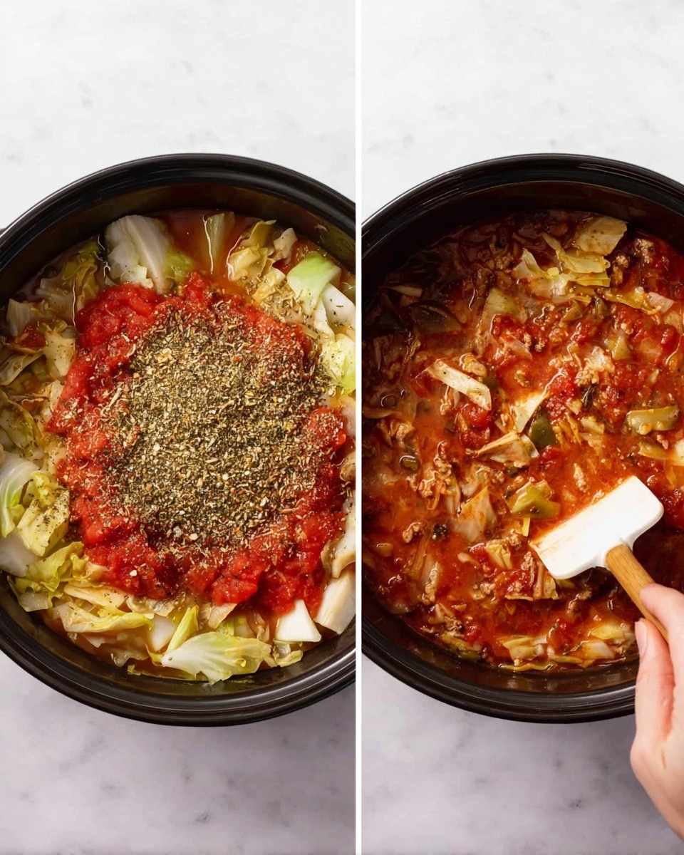 The image on the left shows a black pot filled with layers of ingredients: the base has light yellow cabbage pieces, above them are bright red tomato sauce and diced tomatoes, topped with a generous sprinkle of dried herbs and spices that create a textured, speckled layer in the center. The image on the right shows the same pot after stirring, with the red tomato sauce fully mixed with the cabbage and small pieces of meat, creating a rich, chunky soup with uneven layers of greenish-yellow cabbage and bits of meat in a reddish broth. A woman's hand holding a white spatula stirs the soup inside the pot. Both pots sit on a white marbled surface. photo taken with an iphone --ar 4:5 --v 7