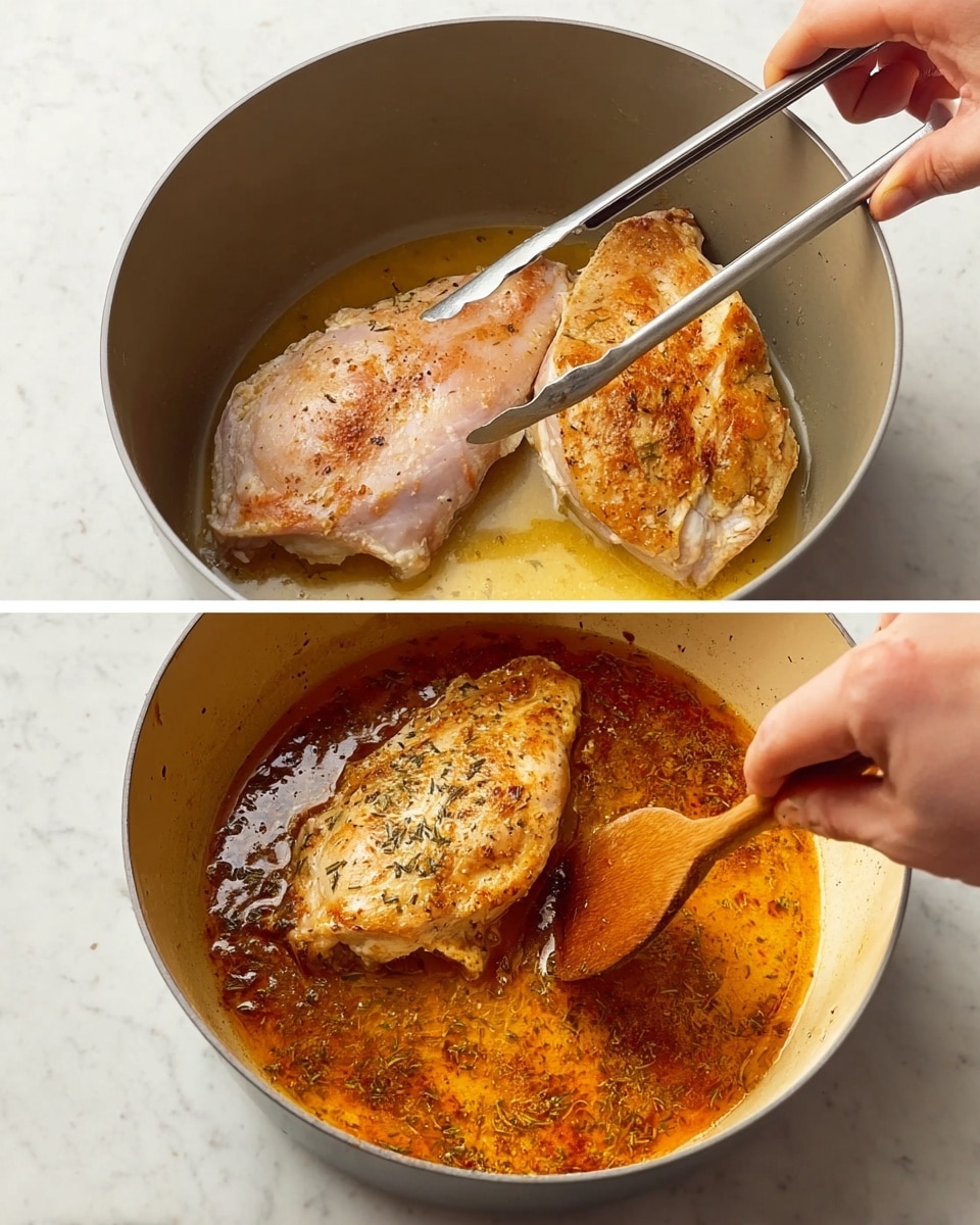 The image shows two views of cooking in a large round pot against a white marbled texture. In the first view, there are two large pieces of raw chicken in the pot, one fully raw with a pale pink color and slightly floury texture, and the other is golden brown on one side as a woman’s hand uses metal tongs to hold it. The pot surface is light grey inside. In the second view, the chicken is cooking in a layer of bubbling orange-brown sauce with herbs, stirred by a woman’s hand holding a wooden spoon. The sauce has a shiny texture with patches of darker seasoning. photo taken with an iphone --ar 4:5 --v 7