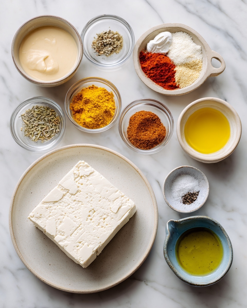 The image shows several ingredients neatly placed on a white marbled surface. There is a square block of tofu with a white, slightly textured surface on a white plate. Around it, there are small clear glass bowls containing light beige tahini, pale yellow plant milk, and a mix of colorful spices including yellow turmeric, red paprika, white onion powder and garlic powder, and brown chipotle flakes mixed with pale yellow nutritional yeast powder. A small white bowl holds a small amount of salt and black pepper, while a light blue bowl contains shiny olive oil. Each ingredient is clearly separated, making the arrangement clean and organized. photo taken with an iphone --ar 4:5 --v 7