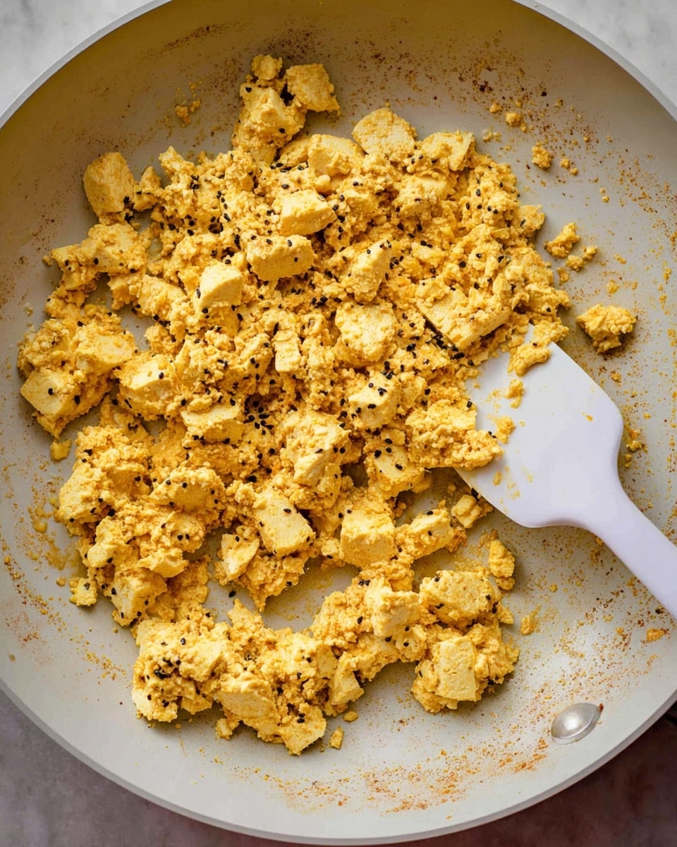 A close-up view of a white frying pan filled with scrambled yellow tofu mixed with small black pepper specks, giving the dish a crumbly texture. The tofu pieces vary in size, scattered unevenly across the pan, showing some golden brown spots. A white spatula rests on the right side, partially lifting some of the tofu, with the pan's interior showing light brown seasoning stains. The scene is on a white marbled surface. photo taken with an iphone --ar 4:5 --v 7