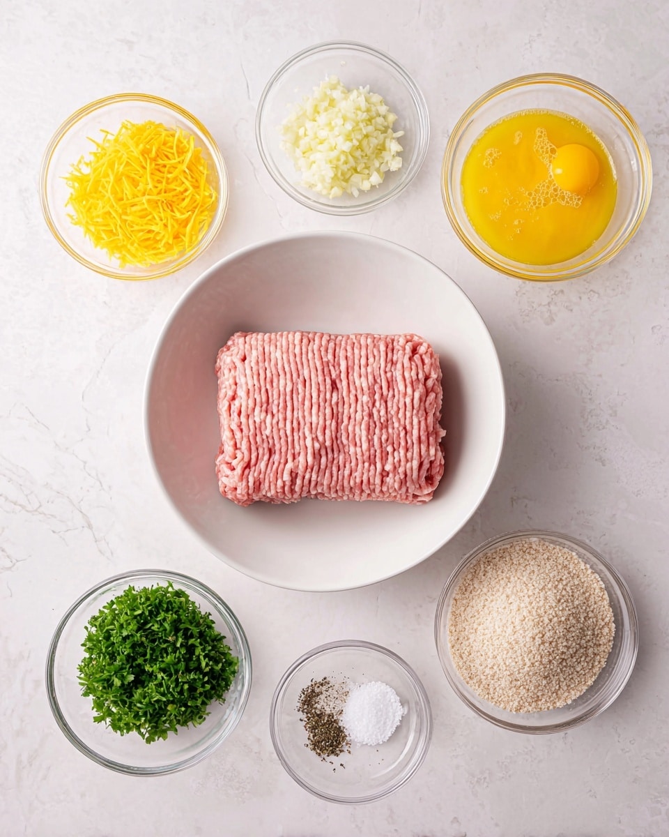 A white bowl in the center holds a block of light pink ground meat with visible texture lines. Surrounding it on a white marbled surface are seven small clear glass bowls: at top left, bright yellow grated zest; next to it, finely chopped white garlic; at the top right, a bowl with beaten yellow eggs showing bubbles and fluid texture; below that, one bowl with coarse white salt and another with crushed black pepper; at bottom right, a bowl filled with pale beige breadcrumbs; and at bottom left, chopped fresh green parsley with leafy texture. Photo taken with an iphone --ar 4:5 --v 7