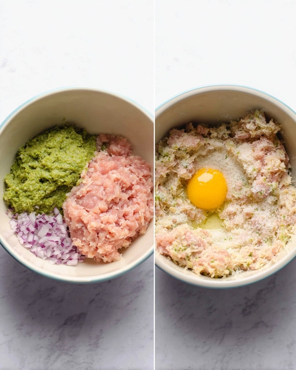 The first image shows a white bowl filled with layers of ingredients before mixing: on the left side is a bright green paste, in the middle there is raw light pink ground meat, on the right side is a single raw yellow egg yolk surrounded by white powdery cheese, and small chopped purple onions are at the bottom left. The second image shows the same white bowl with all the ingredients mixed together into a light beige, slightly chunky mixture with bits of purple onion visible throughout. Both bowls are on a white marbled surface. photo taken with an iphone --ar 4:5 --v 7