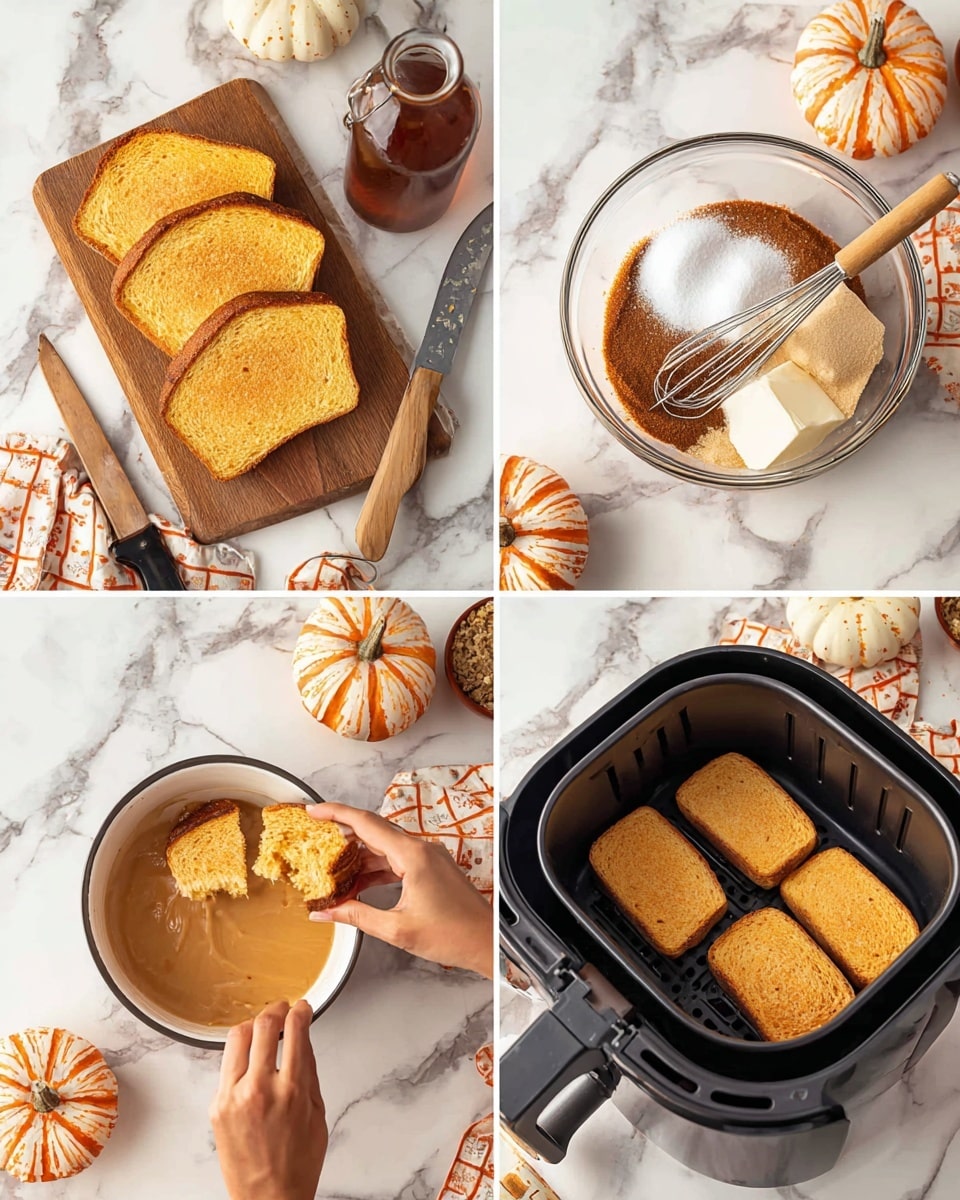 The image shows a four-step process for making a dish with sliced bread. The first part has thick slices of golden-brown bread placed on a wooden cutting board on a white marbled surface, with a knife and a brown glass bottle nearby. In the second part, a glass bowl holds a mix of ingredients including eggs, brown sugar, and powdered sugar, with a woman's hand holding a whisk. The third shows the sliced bread dipped into the light brown mixture by a woman's hand. The fourth part has the soaked bread slices placed in a black air fryer basket, ready to cook. Small decorative pumpkins and a patterned cloth add a cozy touch to the scene, photo taken with an iphone --ar 4:5 --v 7