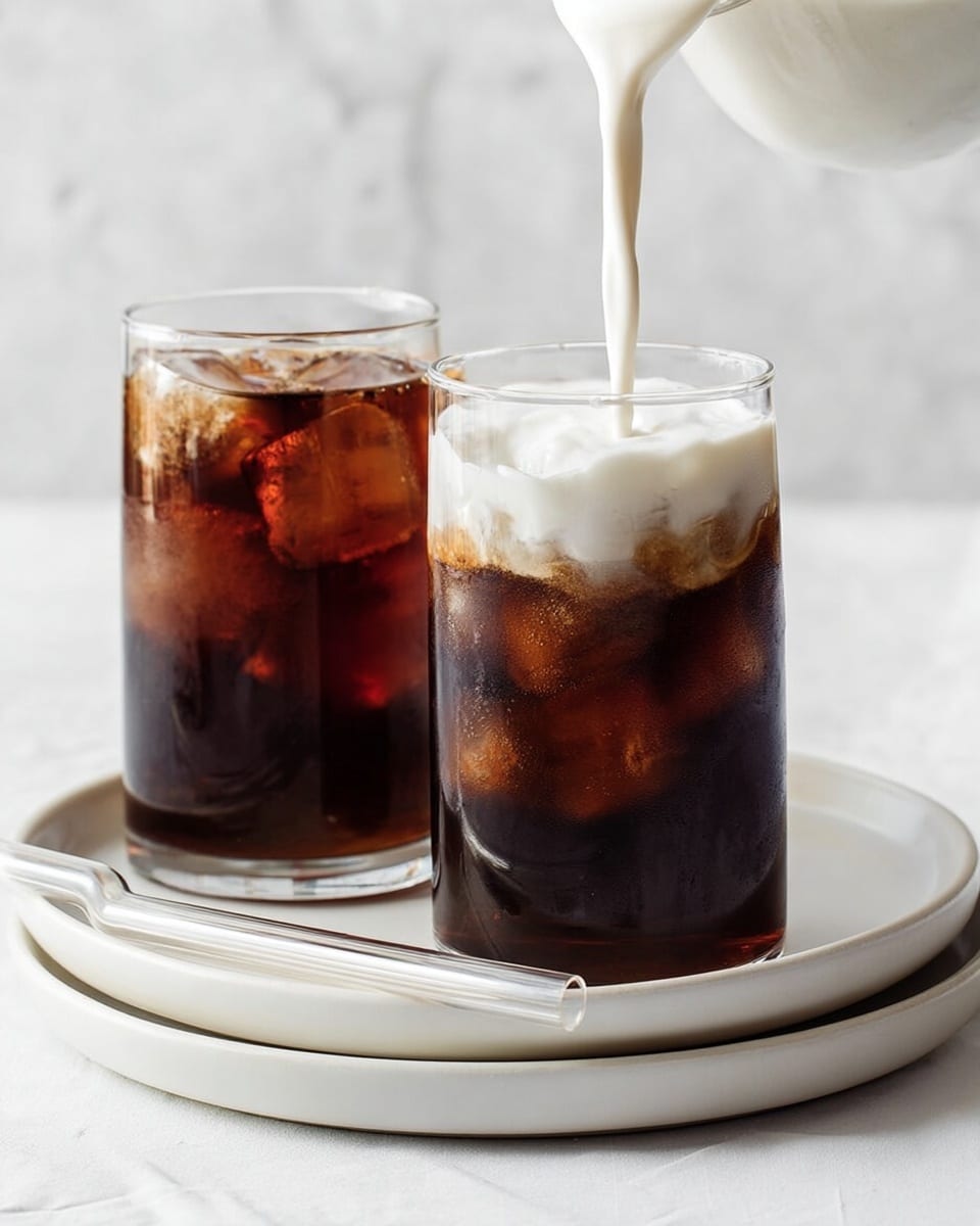 Two clear glasses filled with dark brown iced coffee and ice cubes sit side by side on a stack of two white plates with a white marbled surface underneath. The glass on the right has a layer of thick white cream being poured on top from above, showing a smooth texture. The other glass on the left already has a similar white cream layer on top, slightly spilling over the edge. A clear straw rests on the plates in front of the glasses. The background is bright with a soft white marbled texture. Photo taken with an iphone --ar 4:5 --v 7