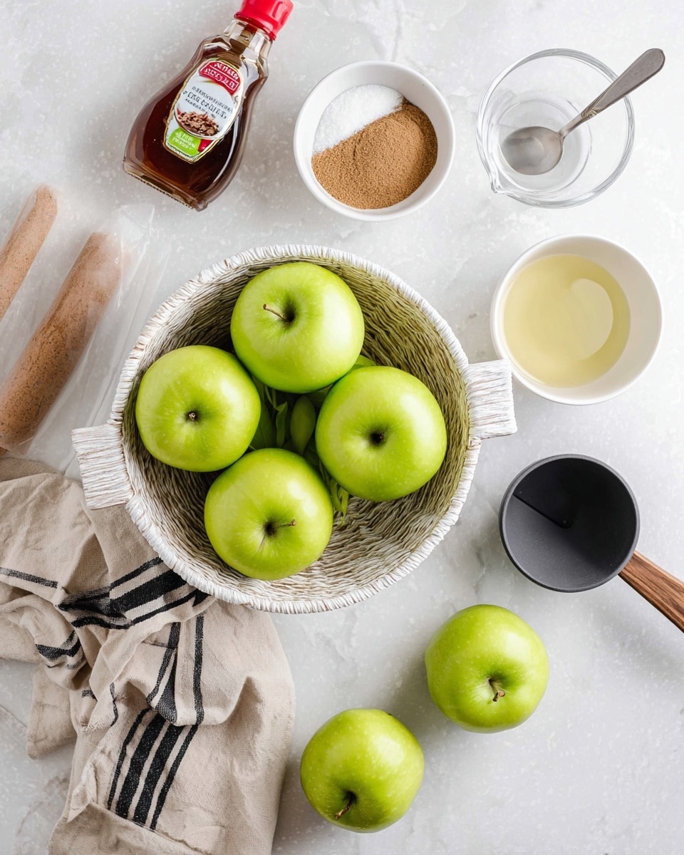 The image shows a white woven basket filled with six bright green apples at the center on a white marbled surface. Around the basket, there is a small white bowl with a mix of white and brown powders, a white bowl with a clear light yellow liquid, a black measuring cup filled with sugar, a small bottle of maple syrup with a red cap, a glass of water, a rolled piece of dough, a spatula with a brown head and wooden handle, and two more green apples placed separately on the surface. A beige cloth with black stripes is partly visible near one apple. The scene is bright and clean, showing all ingredients neatly placed ready for use. photo taken with an iphone --ar 4:5 --v 7