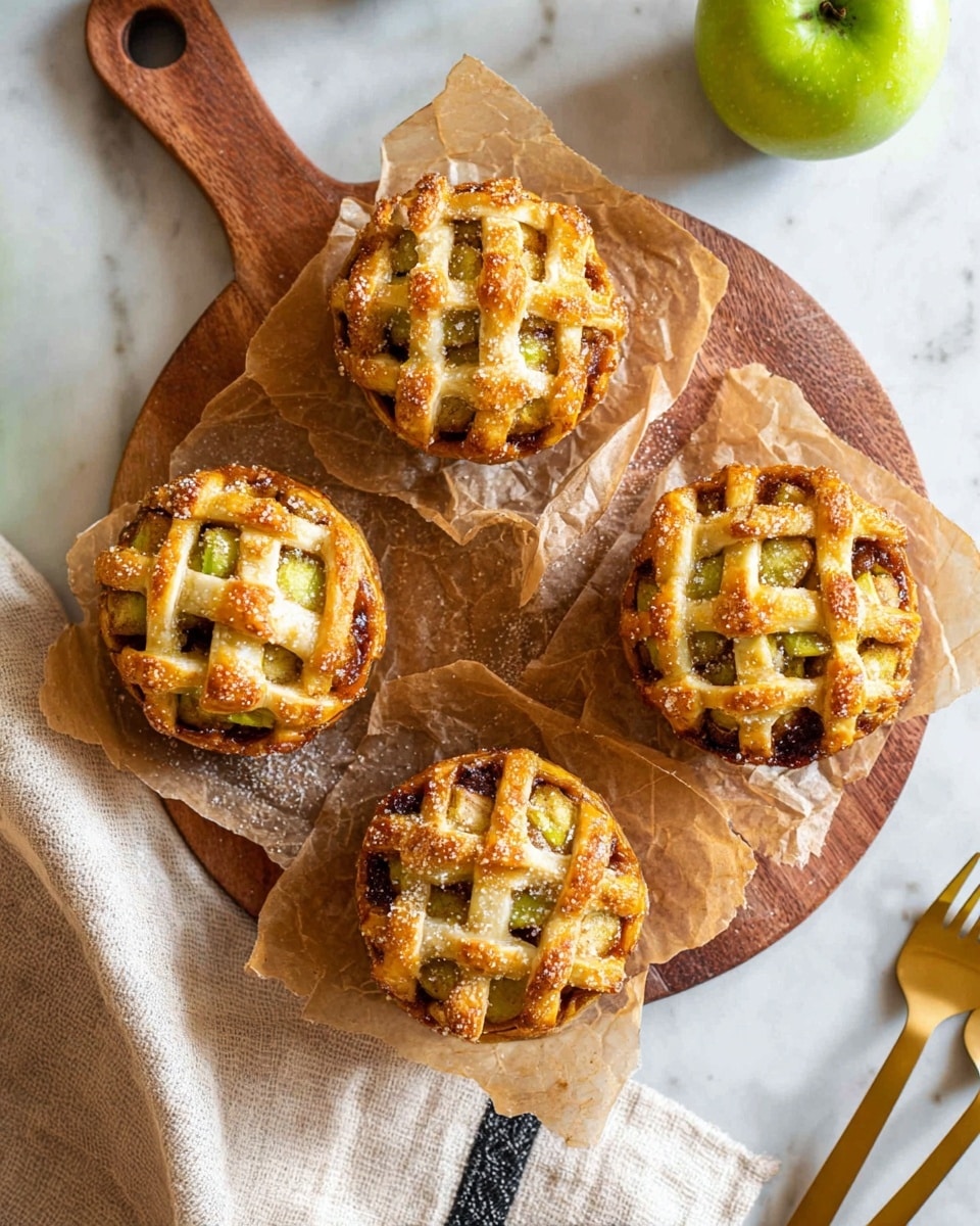The image shows four baked apples with small lattice pie crust tops, each with a golden brown color sprinkled with sugar, placed closely on crumpled brown parchment paper. The apples are green and filled with a dark brown filling visible through the crust lattice. All the apples are positioned on a round wooden cutting board with a handle. The background is a white marbled surface with a folded beige cloth with black stripes partially visible at the bottom left and a gold fork near the bottom right. Photo taken with an iphone --ar 4:5 --v 7