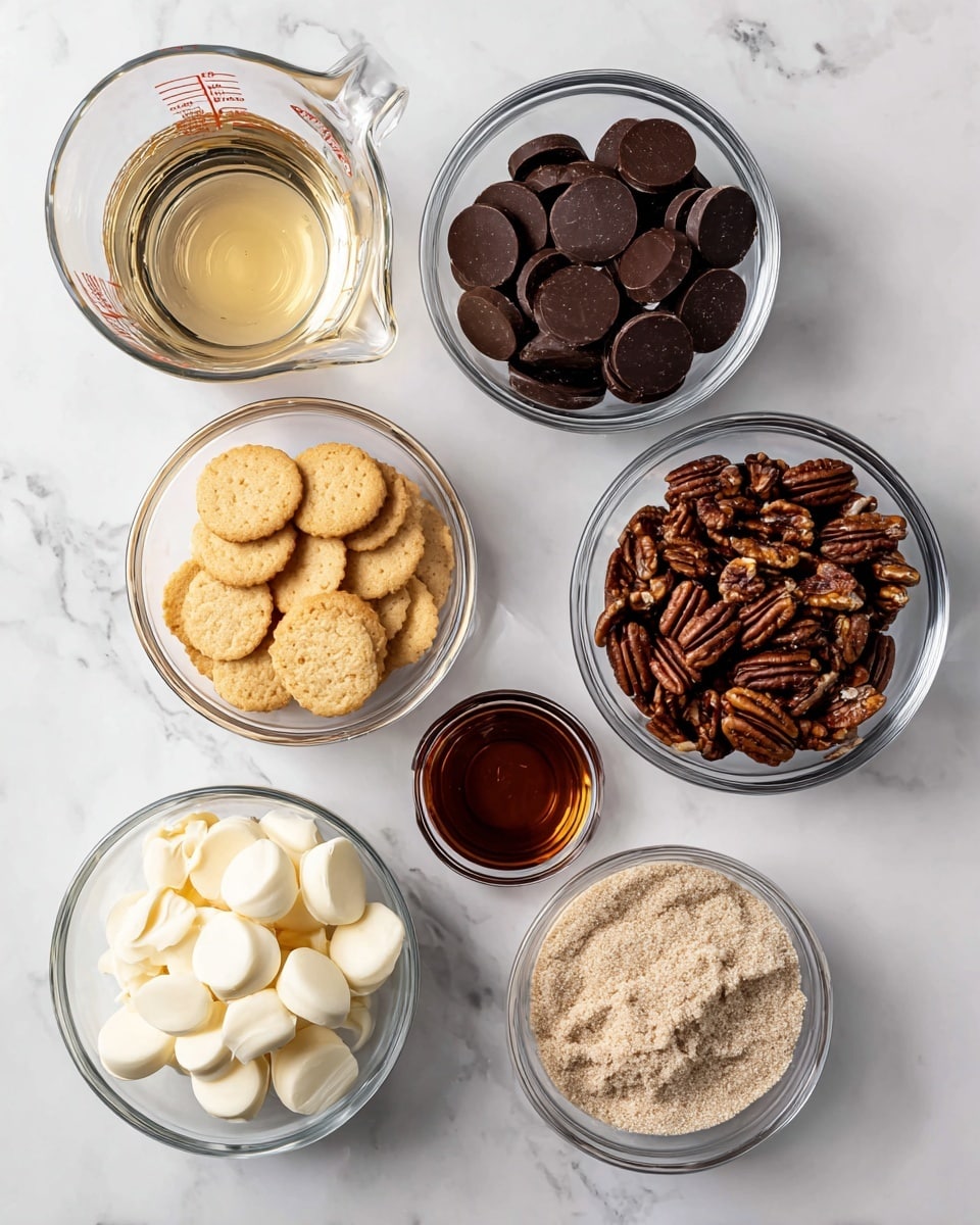 The image shows six clear glass bowls and a measuring cup arranged on a white marbled surface. Starting from the top left, there is a clear glass measuring cup filled with light corn syrup, transparent and slightly shiny. To the right, a bowl holds dark brown, round dark chocolate melting wafers with a smooth texture. Below the measuring cup, there is a bowl of small, round flat vanilla wafer cookies in a light golden color with a slightly rough surface. Next to that, on the right side, a bowl is filled with dark brown pecans showing their textured, ridged surface. Below the vanilla wafer cookies, there is a bowl of white chocolate melting wafers that are smooth and round, similar to the dark chocolate ones but white in color. Lastly, at the bottom right, a bowl contains light brown, fine-textured brown sugar. A small clear glass dish near these bowls holds a dark amber vanilla liquid. The overall arrangement is neat and evenly spaced. Photo taken with an iphone --ar 4:5 --v 7