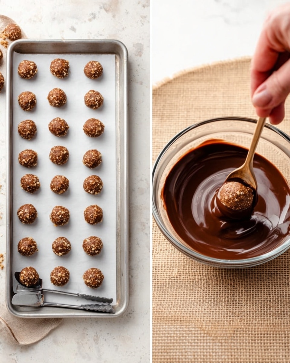 The image is split into two parts: on the left, a silver baking tray lined with white parchment paper holds six rows of five small round balls of brown dough mixed with light bits, evenly spaced; a silver scooping tool rests near the lower right corner of the tray on a white marbled surface. On the right, a woman's hand holds a wooden stick with one of the balls dipped halfway into melted dark brown chocolate inside a clear glass bowl; a gray fork rests inside the bowl, and the bowl sits on a textured beige mat on the same white marbled surface. photo taken with an iphone --ar 4:5 --v 7