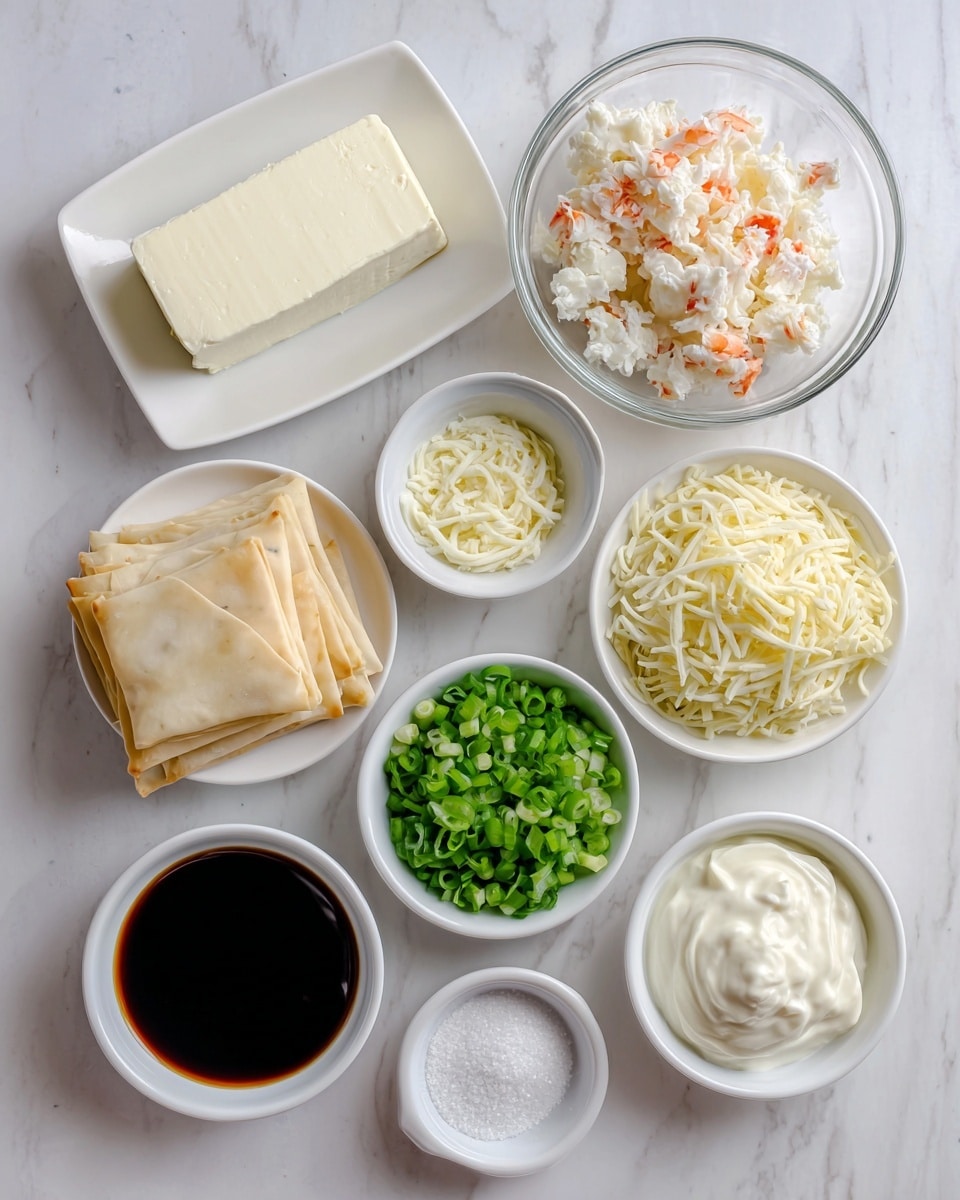 The image shows several white dishes and bowls arranged on a white marbled surface, each containing a different ingredient. Starting from the top left, a rectangular block of cream cheese sits on a white plate. To its right, a white bowl holds chopped crab meat with white and orange pieces. Next to it, a glass bowl is filled with shredded mozzarella, pale yellow in color. Below the cream cheese, there is a stack of square wonton wraps placed directly on the surface. Below the crab meat, a small white bowl contains chopped green onions, vibrant green in color. To the right, another white bowl holds sour cream, smooth and white. At the bottom left, a small white bowl filled with dark soy sauce is present. Next to it is a white bowl with white granulated sugar. The last bowl on the right contains minced garlic, pale yellow with a slightly rough texture. Each ingredient is neatly placed and clearly visible. Photo taken with an iphone --ar 4:5 --v 7