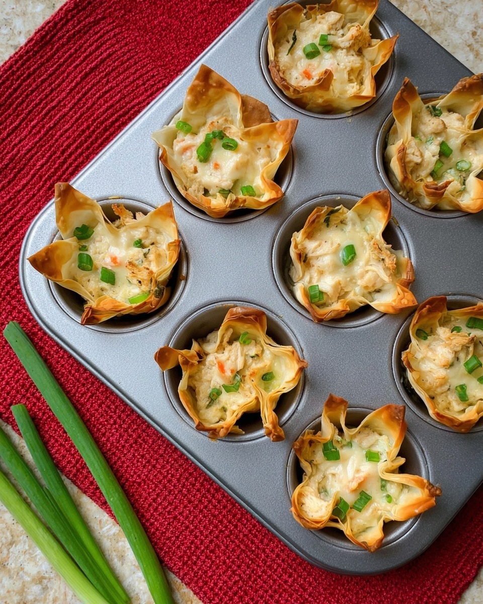 The image shows a metal muffin tray with 12 cups, each holding a golden brown crispy wonton wrapper shaped like a small cup. Inside each wrapper is a creamy, pale white chicken mixture with chunks of chicken, small bits of orange (carrot), and green garnishes on top. The wrappers have slightly bubbled textures and uneven edges curling upwards. Tiny pieces of green onion are sprinkled both inside and on top of the chicken filling, adding small spots of bright green color. The tray rests on a red textured mat, with two green onion stalks to the side. The whole setup is on a white marbled surface. photo taken with an iphone --ar 4:5 --v 7