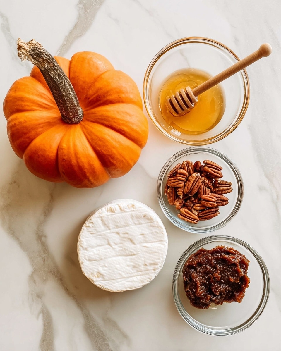 The image shows a small bright orange pumpkin on the left side, with a rough brown stem at the top. On the right side, there are four clear glass bowls placed on a white marbled surface. The top left bowl has golden honey with a wooden honey dipper resting inside. The top right bowl contains brown pecan nuts with a rough texture. Below and to the right of the pecans is a round wheel of white cheese with a smooth surface. Below the cheese, the last bowl holds a dark brown thick paste with a slightly chunky texture. photo taken with an iphone --ar 4:5 --v 7